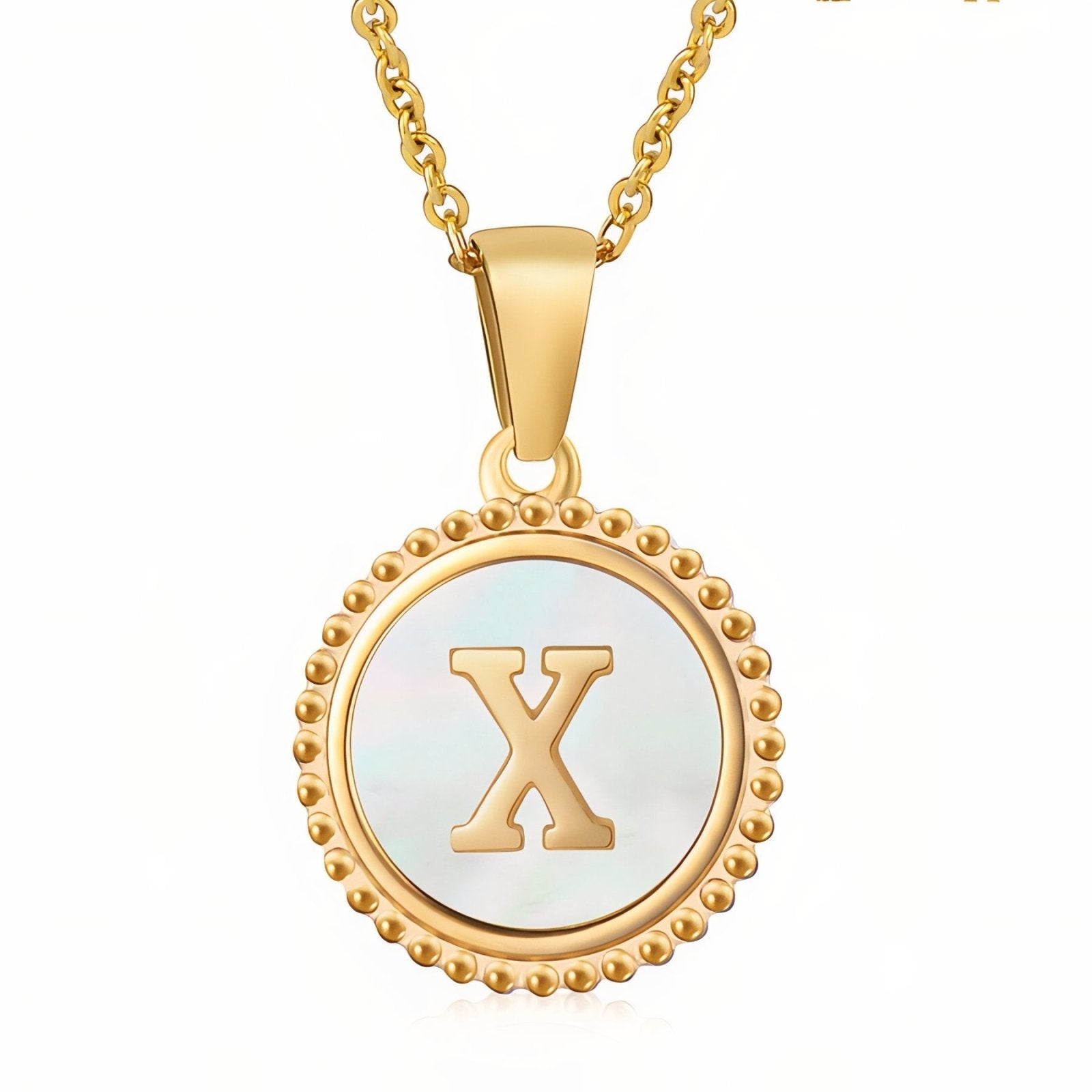 Collier pendentif médaille lettre initiale, en acier inoxydable plaqué or 18K et nacre blanche