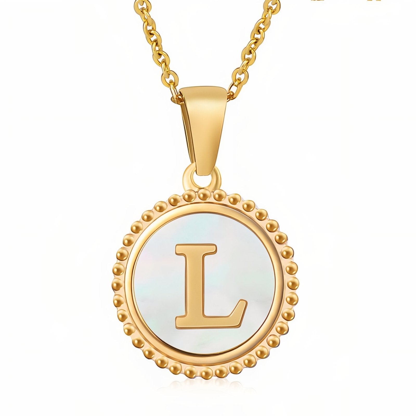 Collier pendentif médaille lettre initiale, en acier inoxydable plaqué or 18K et nacre blanche