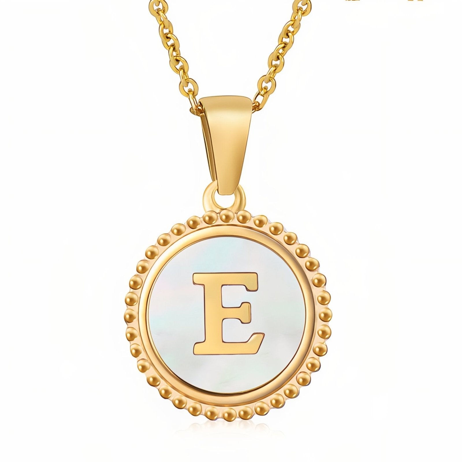 Collier pendentif médaille lettre initiale, en acier inoxydable plaqué or 18K et nacre blanche