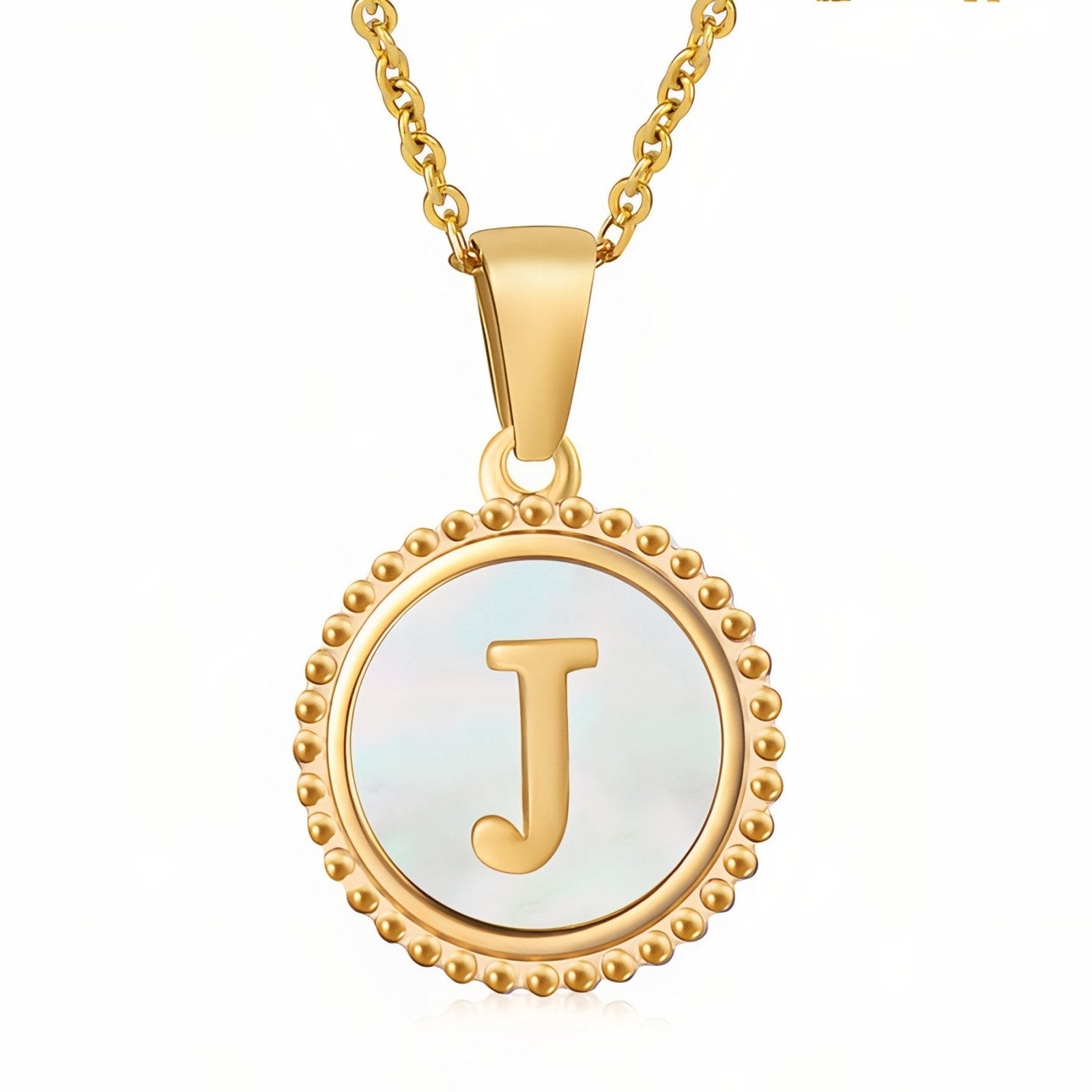 Collier pendentif médaille lettre initiale, en acier inoxydable plaqué or 18K et nacre blanche