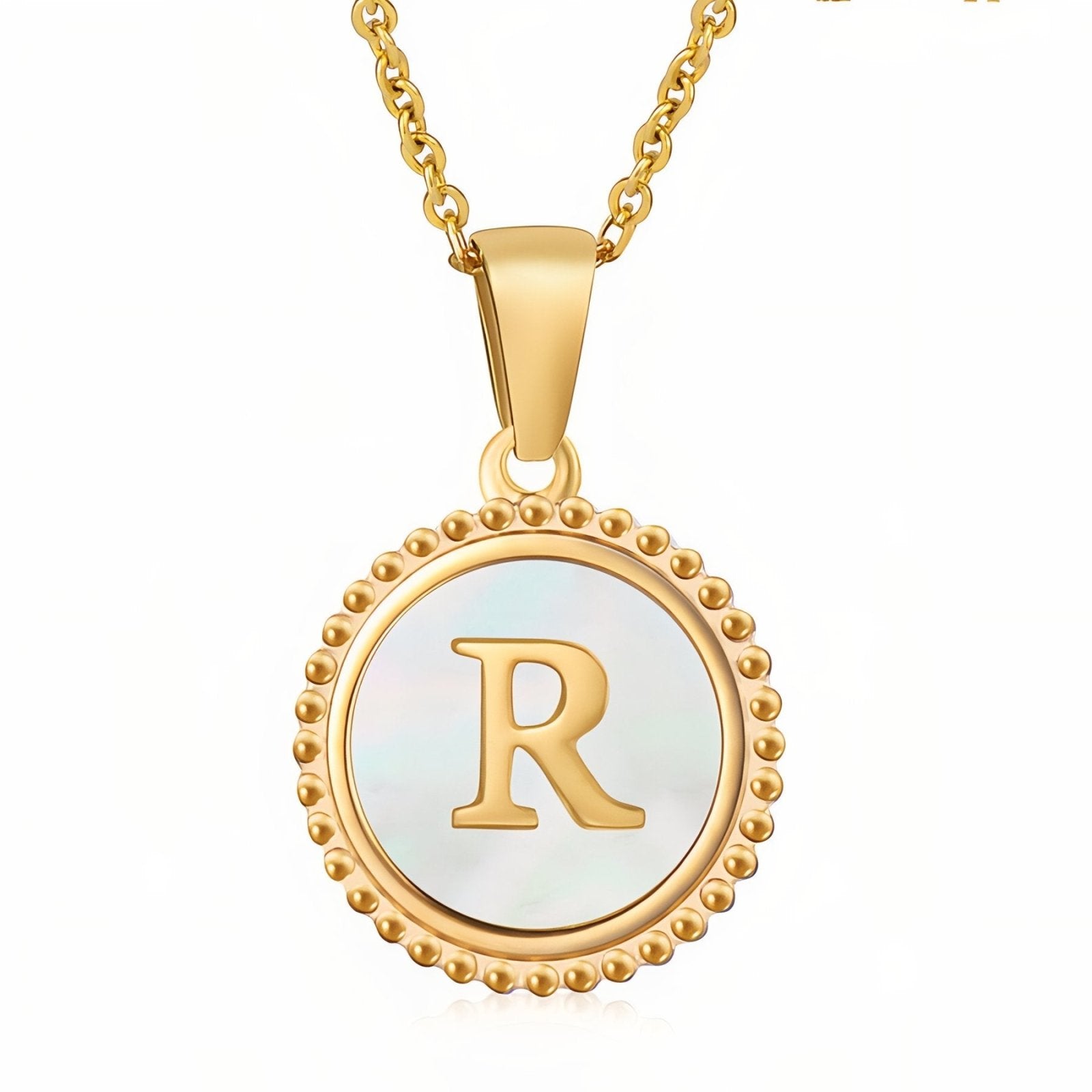 Collier pendentif médaille lettre initiale, en acier inoxydable plaqué or 18K et nacre blanche