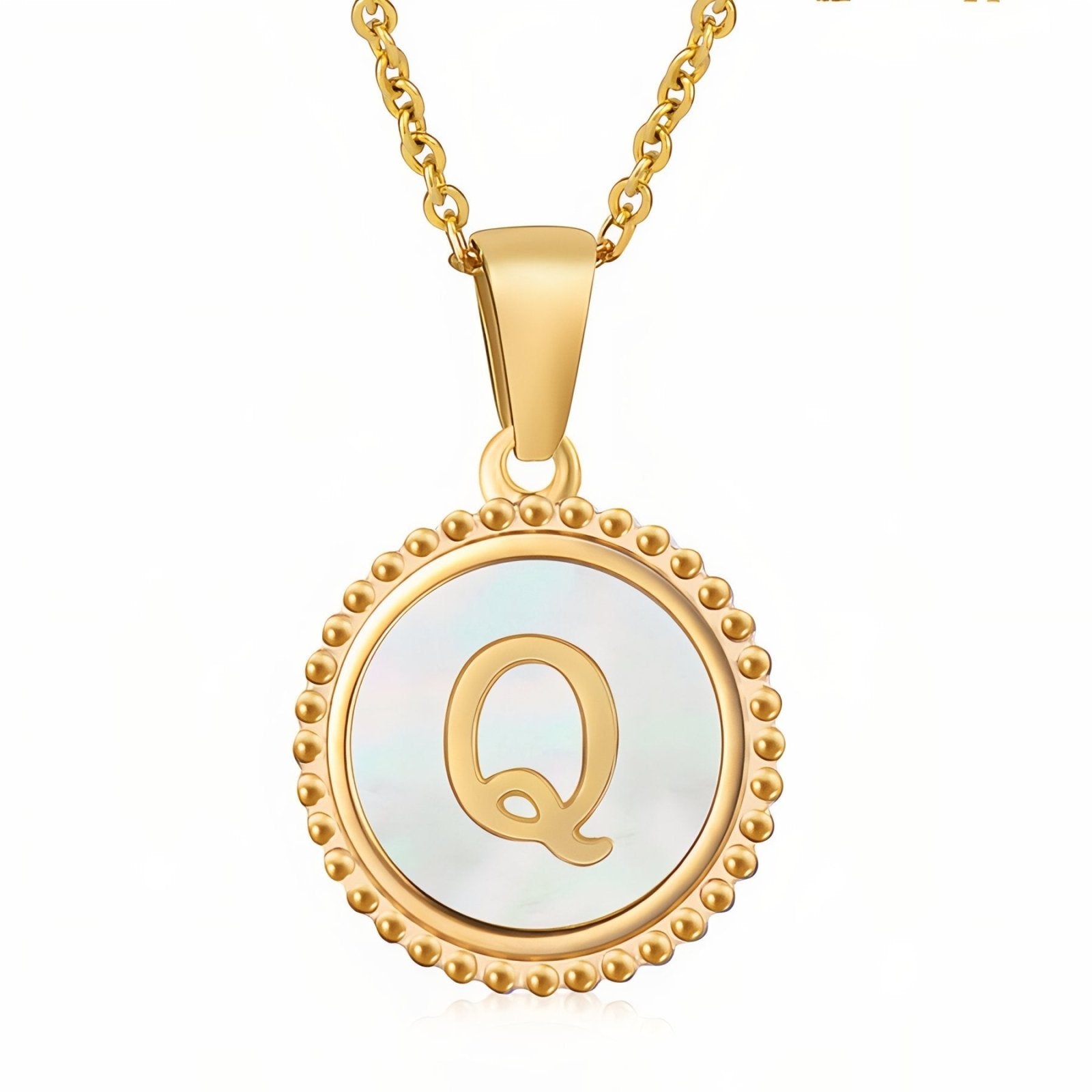 Collier pendentif médaille lettre initiale, en acier inoxydable plaqué or 18K et nacre blanche