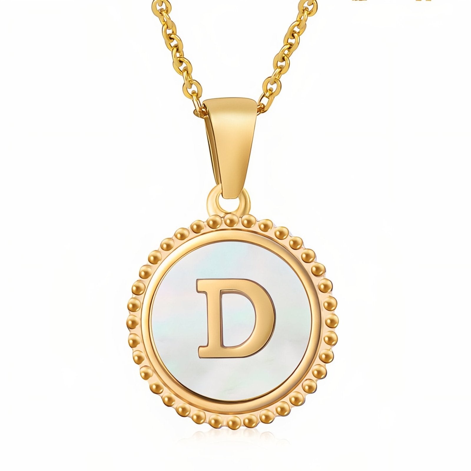 Collier pendentif médaille lettre initiale, en acier inoxydable plaqué or 18K et nacre blanche