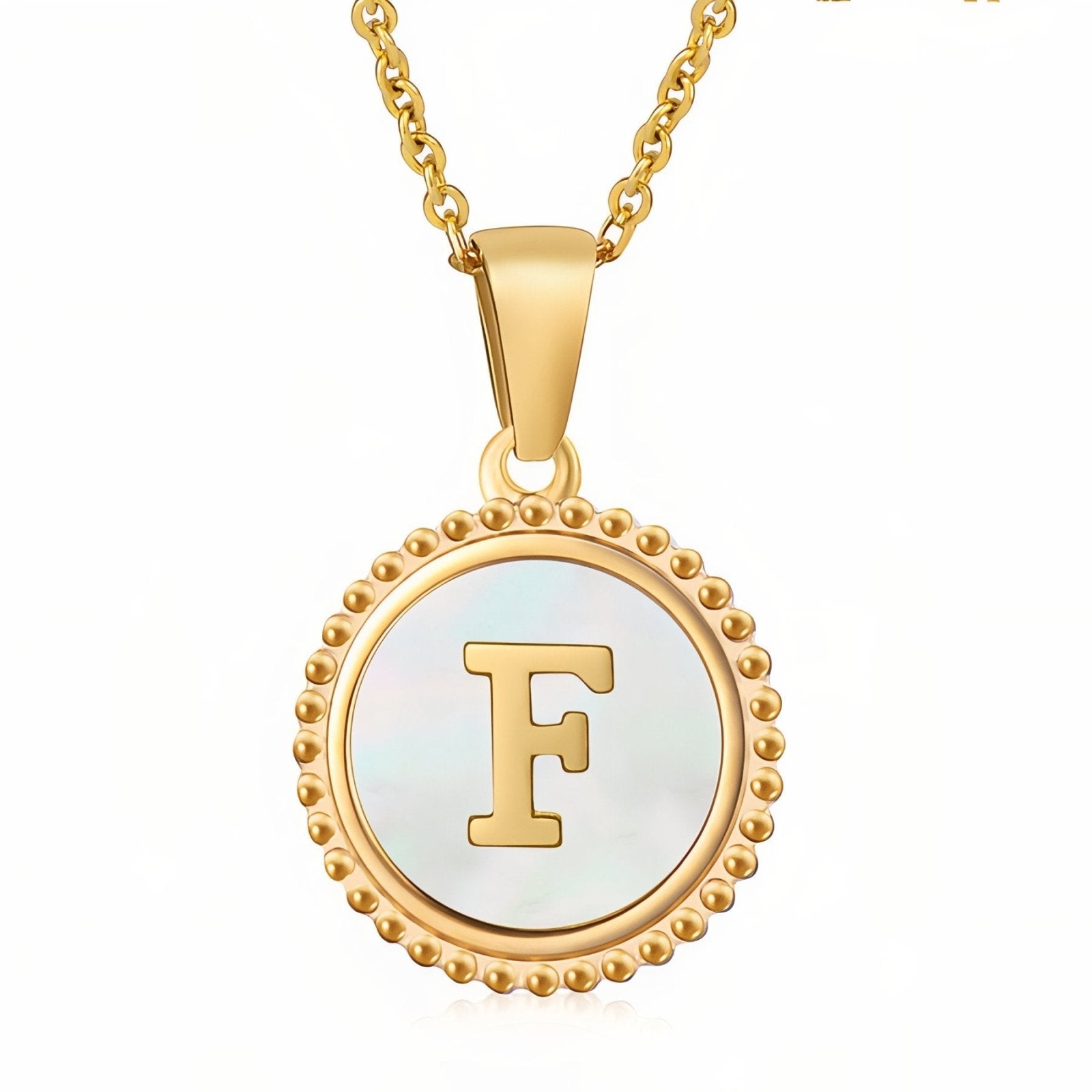 Collier pendentif médaille lettre initiale, en acier inoxydable plaqué or 18K et nacre blanche