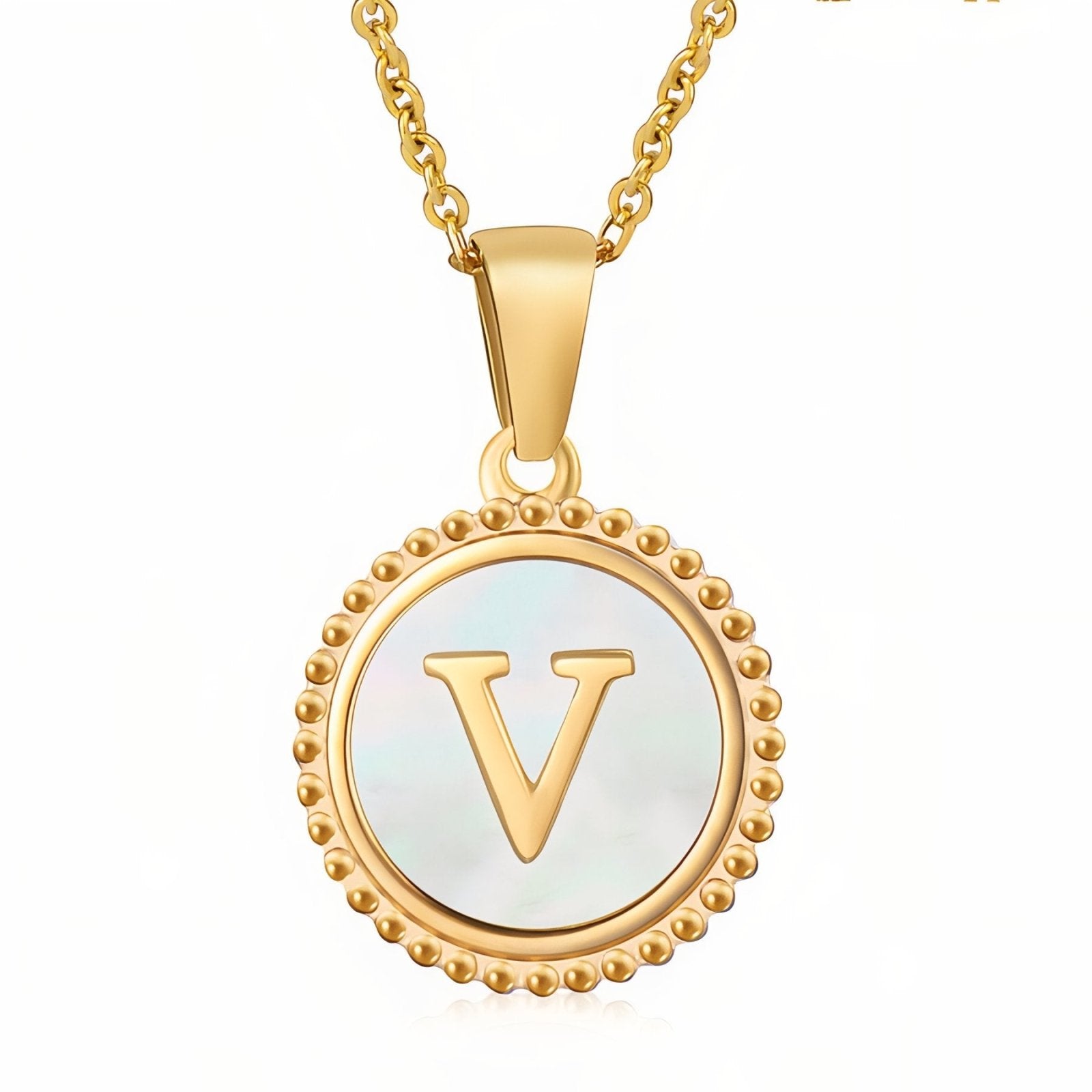 Collier pendentif médaille lettre initiale, en acier inoxydable plaqué or 18K et nacre blanche