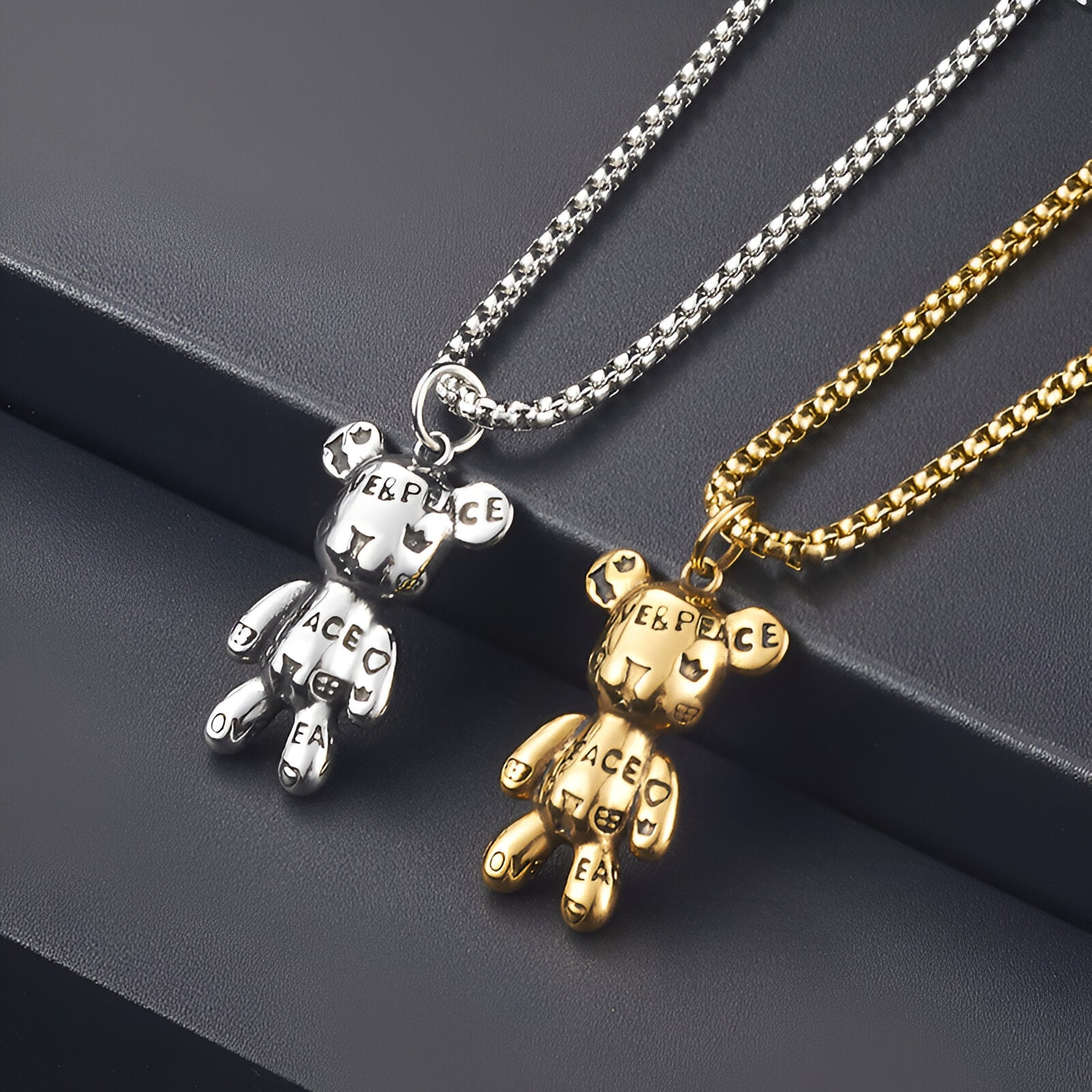 Collier pendentif ourson Peace & Love, en acier inoxydable, style Y2K, pour homme, modèle Bloom