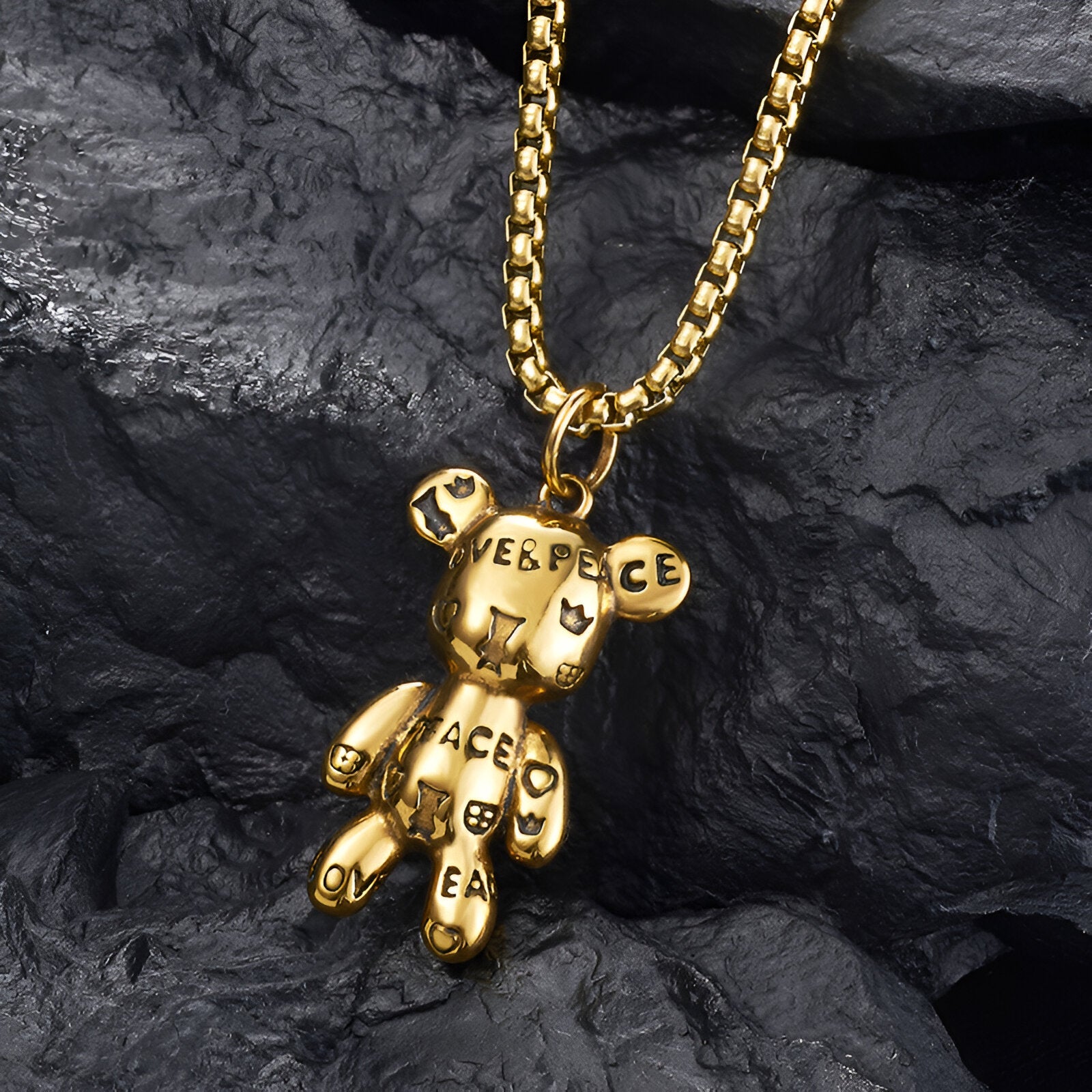 Collier pendentif ourson Peace & Love, en acier inoxydable, style Y2K, pour homme, modèle Bloom
