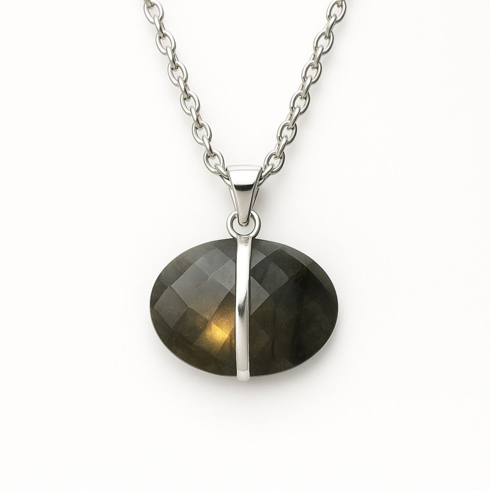 Collier pendentif ovale en pierre naturelle facettée, monture argentée, bijou moderne pour femme, modèle Zohra