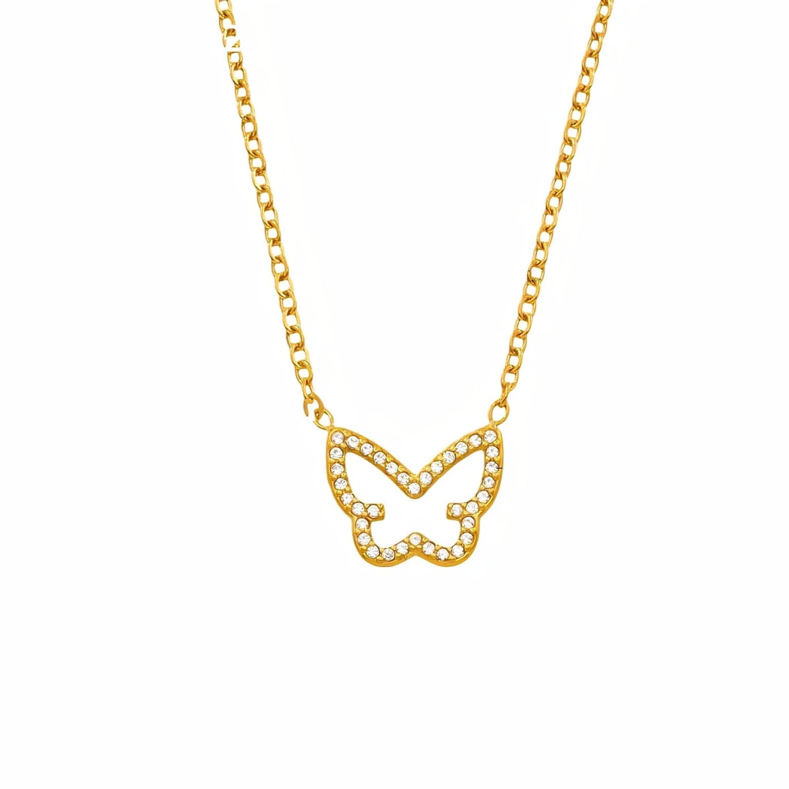 Collier pendentif papillon, acier doré ou argenté, serti de zircons, modèle Jayleen
