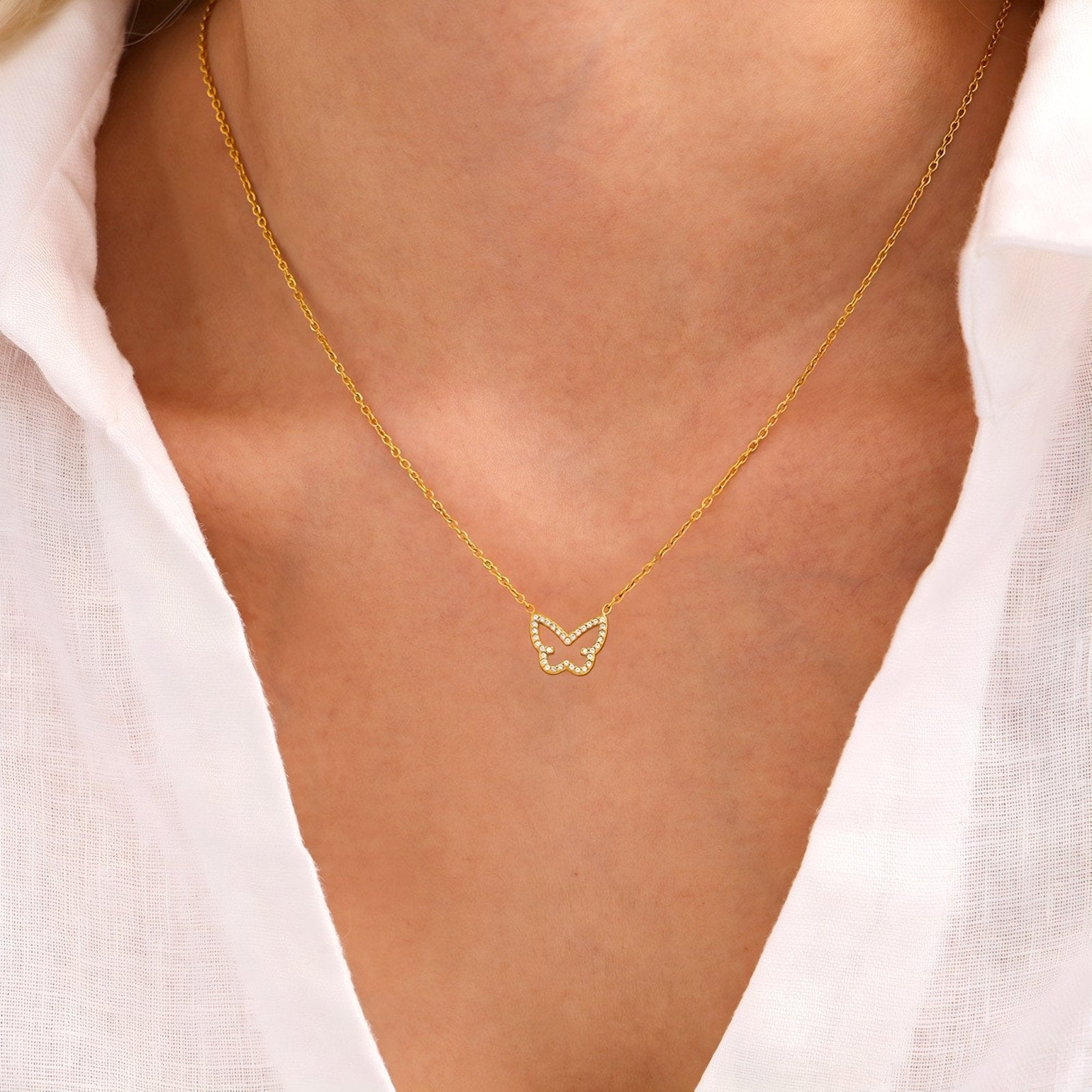 Collier pendentif papillon, acier doré ou argenté, serti de zircons, modèle Jayleen