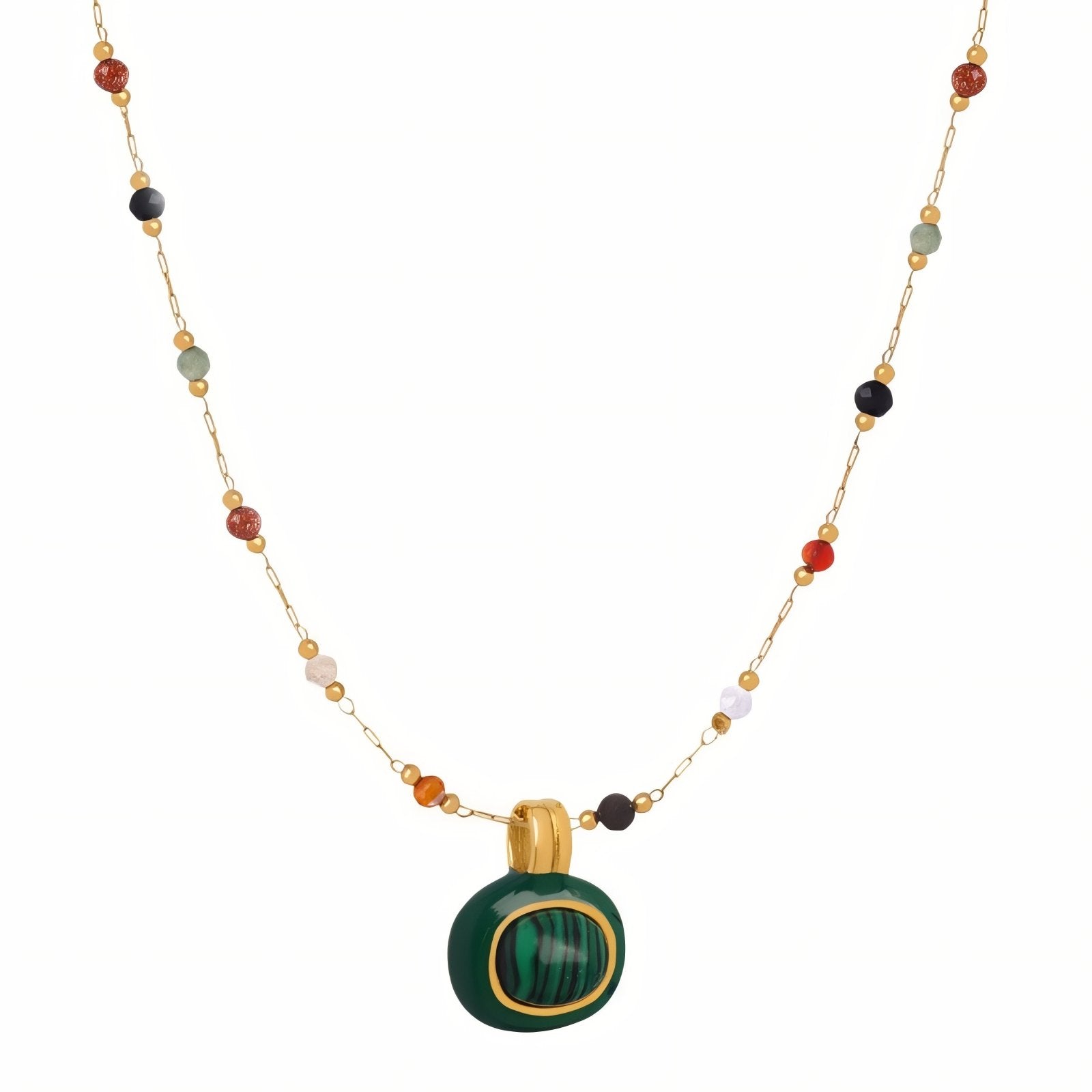 Collier pendentif rond malachite pour femme, avec pierres naturelles, en acier inoxydable