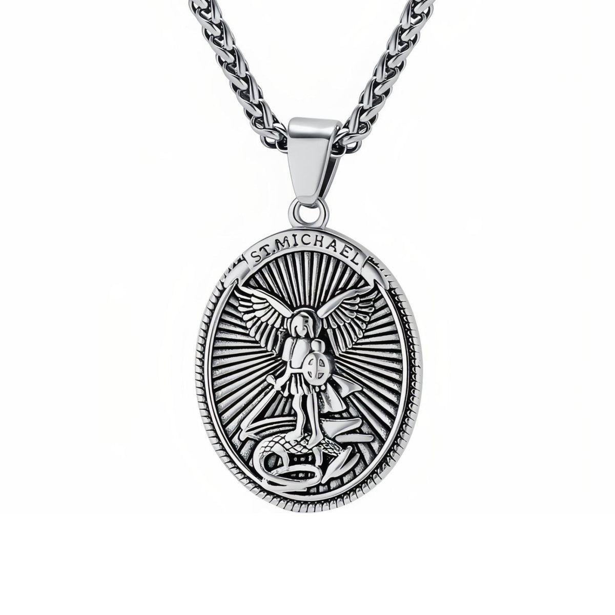 Collier pendentif Saint-Michel archange pour homme, en acier inoxydable, avec médaillon ovale sculpté
