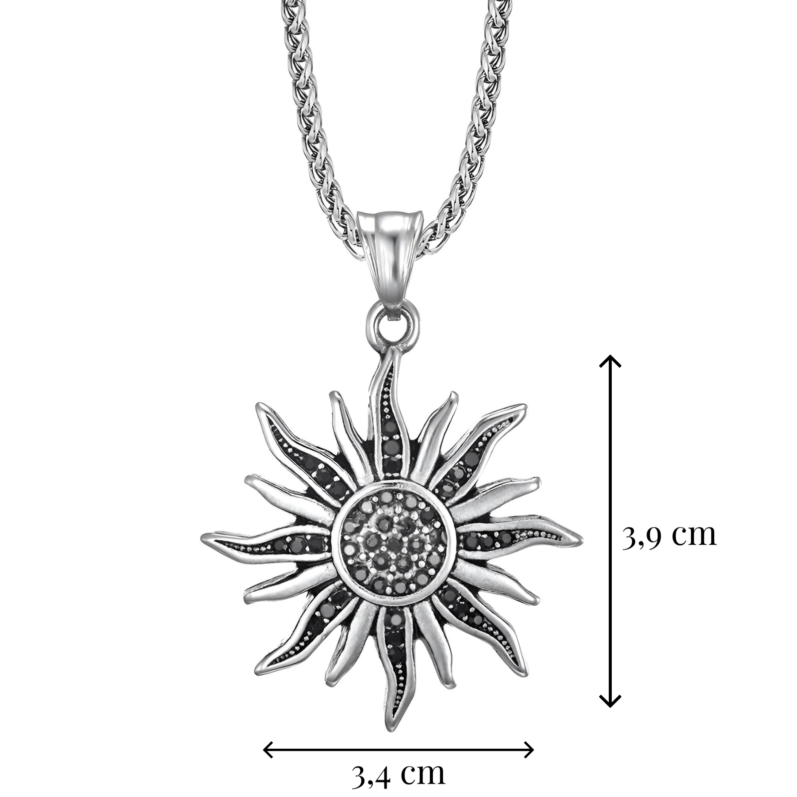 Collier pendentif soleil, acier inoxydable et zircon, modèle Nova