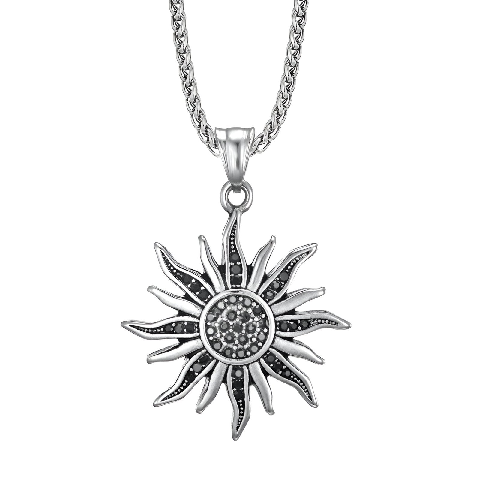 Collier pendentif soleil, acier inoxydable et zircon, modèle Nova