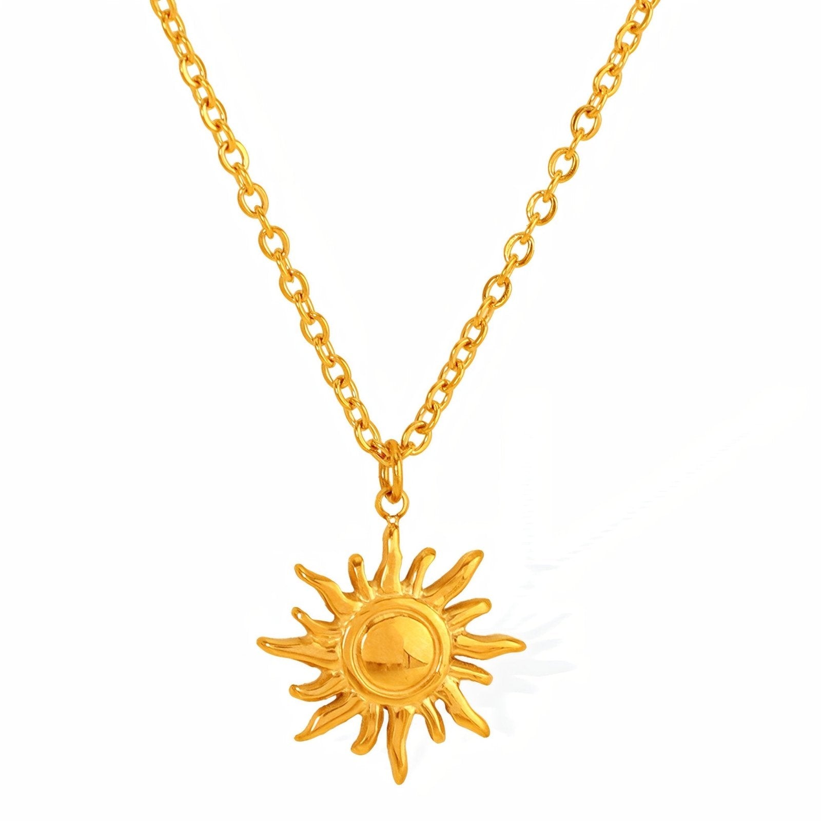 Collier pendentif soleil, finition dorée brillante, maille forçat, pour femme, modèle Catalina