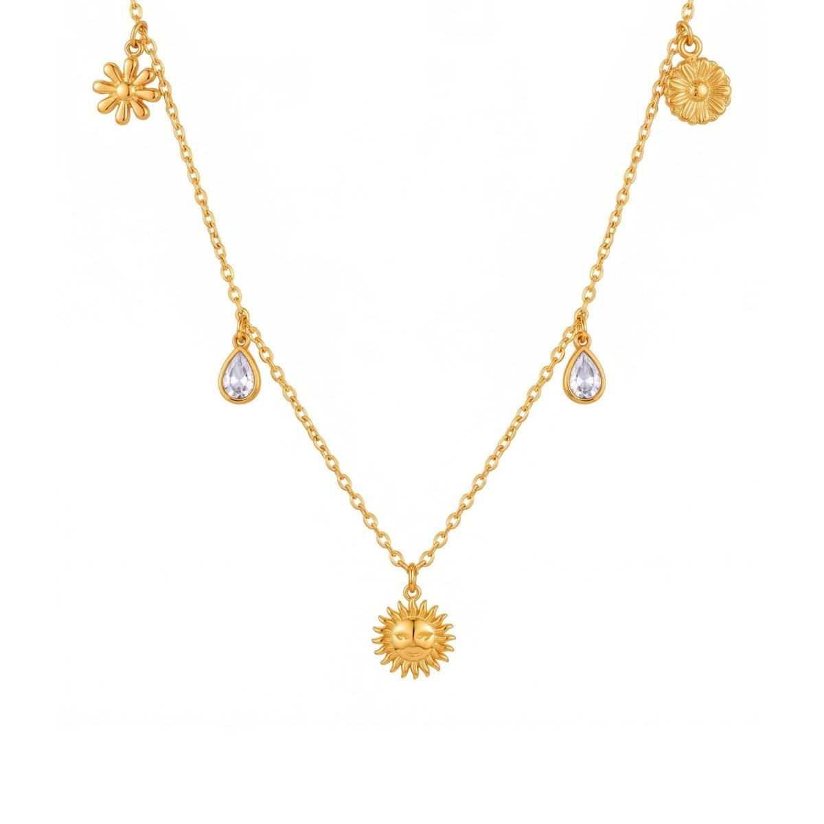 Collier pendentif soleil pour femme, en acier inoxydable doré, chaîne fine ornée de gouttes scintillantes