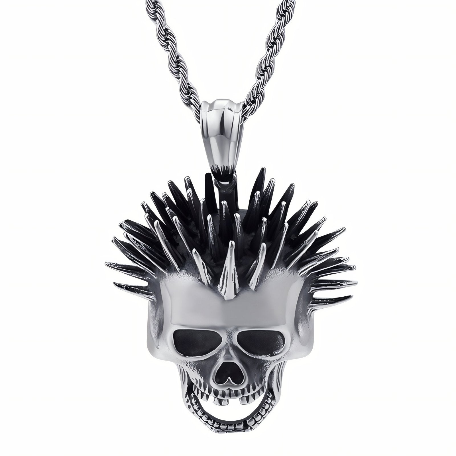 Collier pendentif tête de mort avec cheveux hérissés pour homme, en acier inoxydable, style punk
