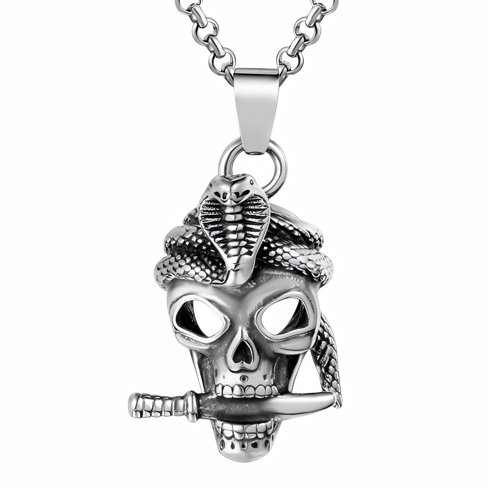 Collier pendentif tête de mort pour homme, avec dague et serpent, en acier inoxydable