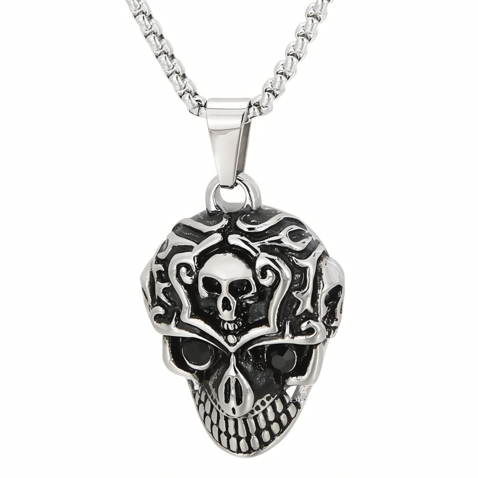 Collier pendentif tête de mort sculptée pour homme, en acier inoxydable, style gothique