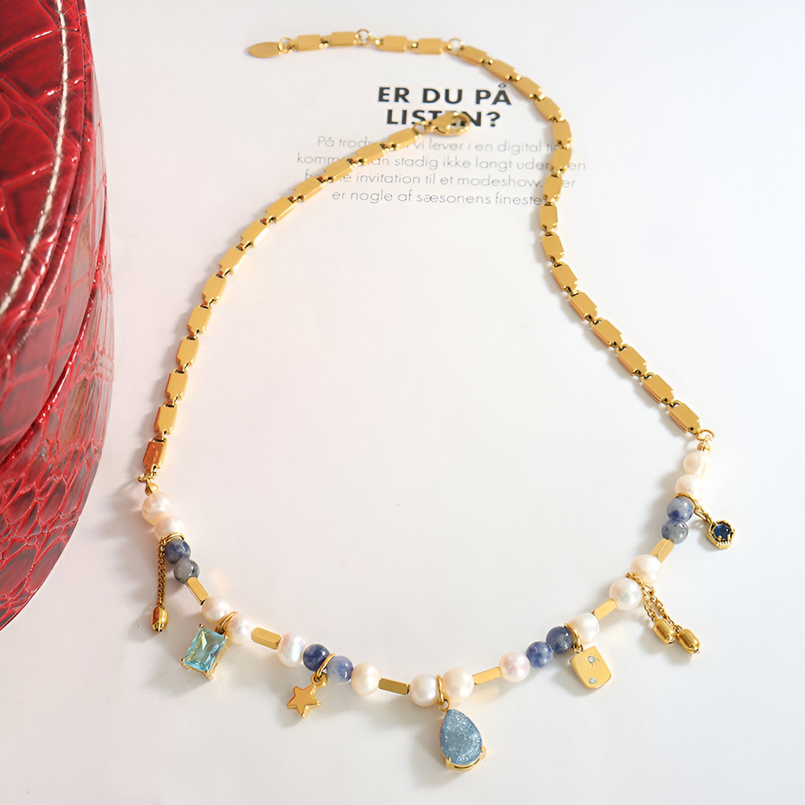 Collier perles d’eau douce, breloques dorées en acier inoxydable, pour femme, modèle Delfina