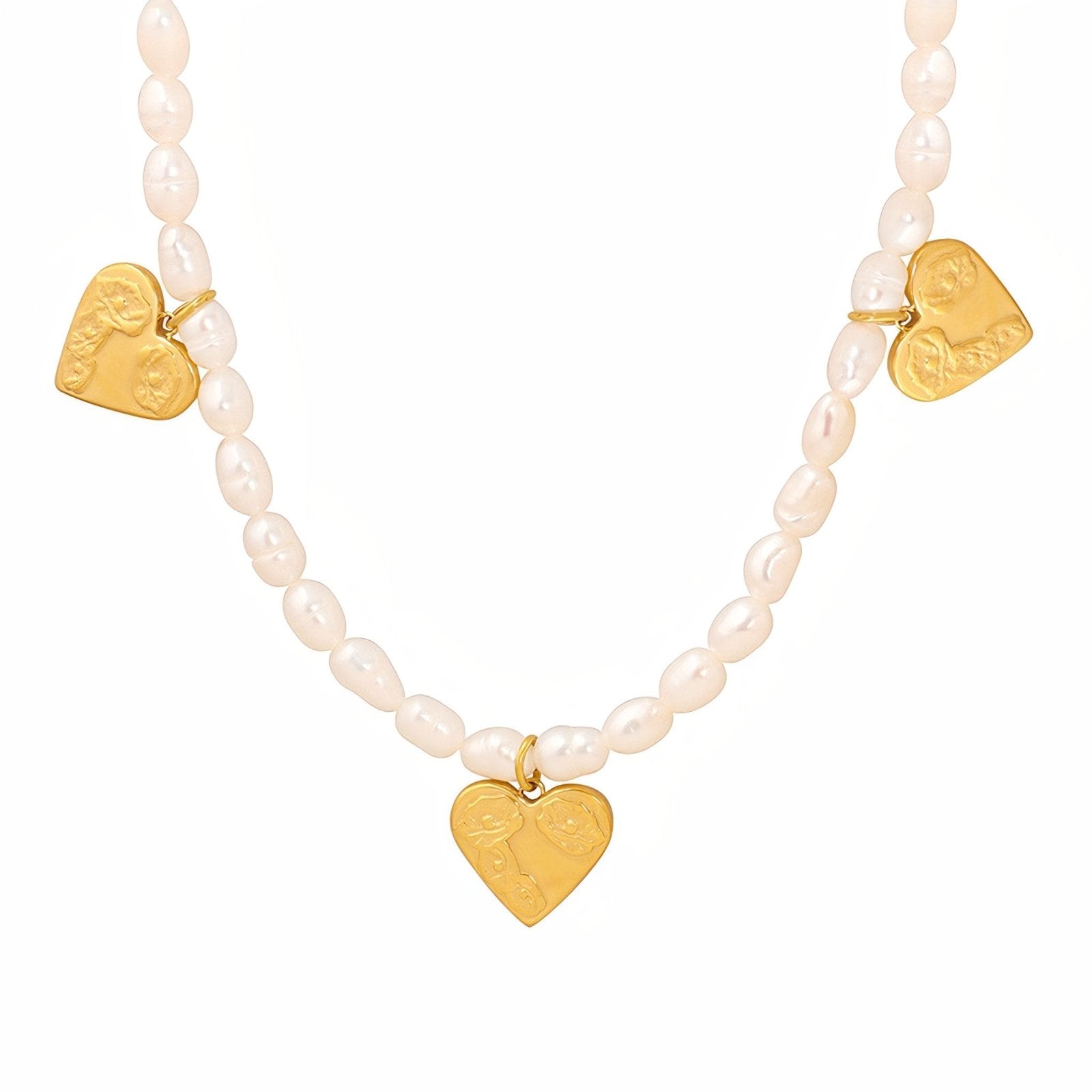Collier perles style vintage avec breloques cœur doré, acier inoxydable, modèle Ketsia