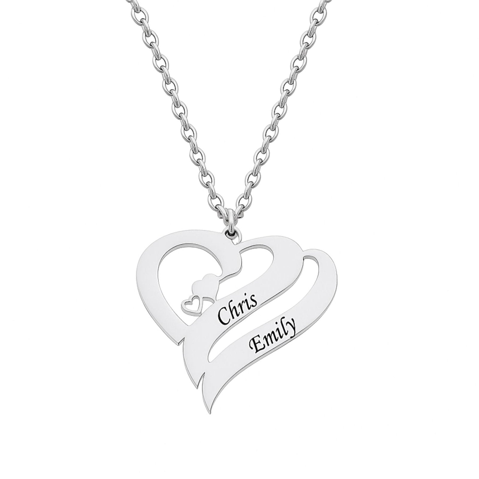 Collier personnalisé couple, pendentif double cœur, en acier inoxydable, modèle Love
