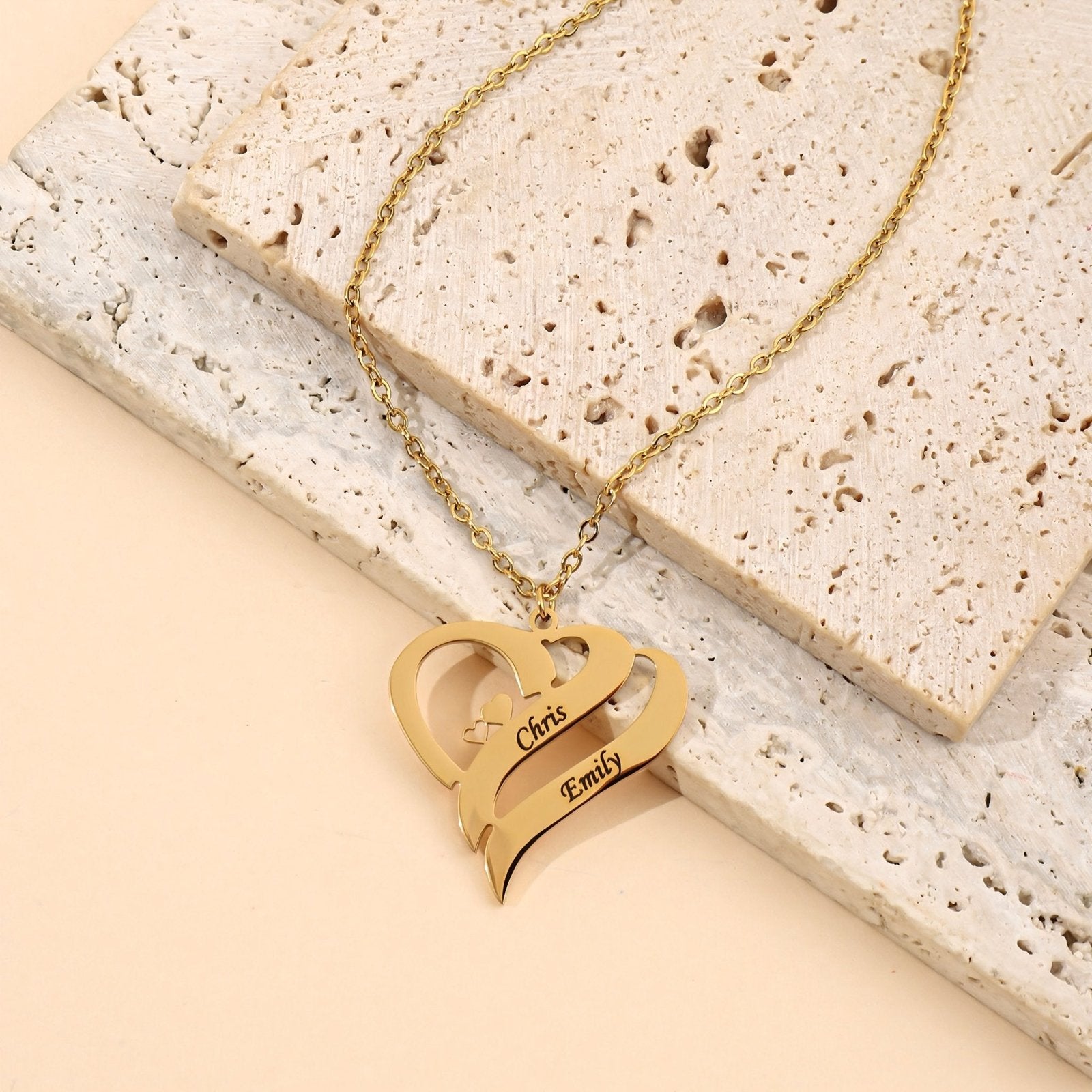 Collier personnalisé couple, pendentif double cœur, en acier inoxydable, modèle Love