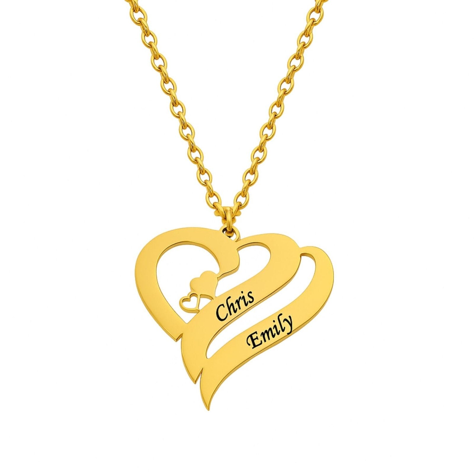 Collier personnalisé couple, pendentif double cœur, en acier inoxydable, modèle Love