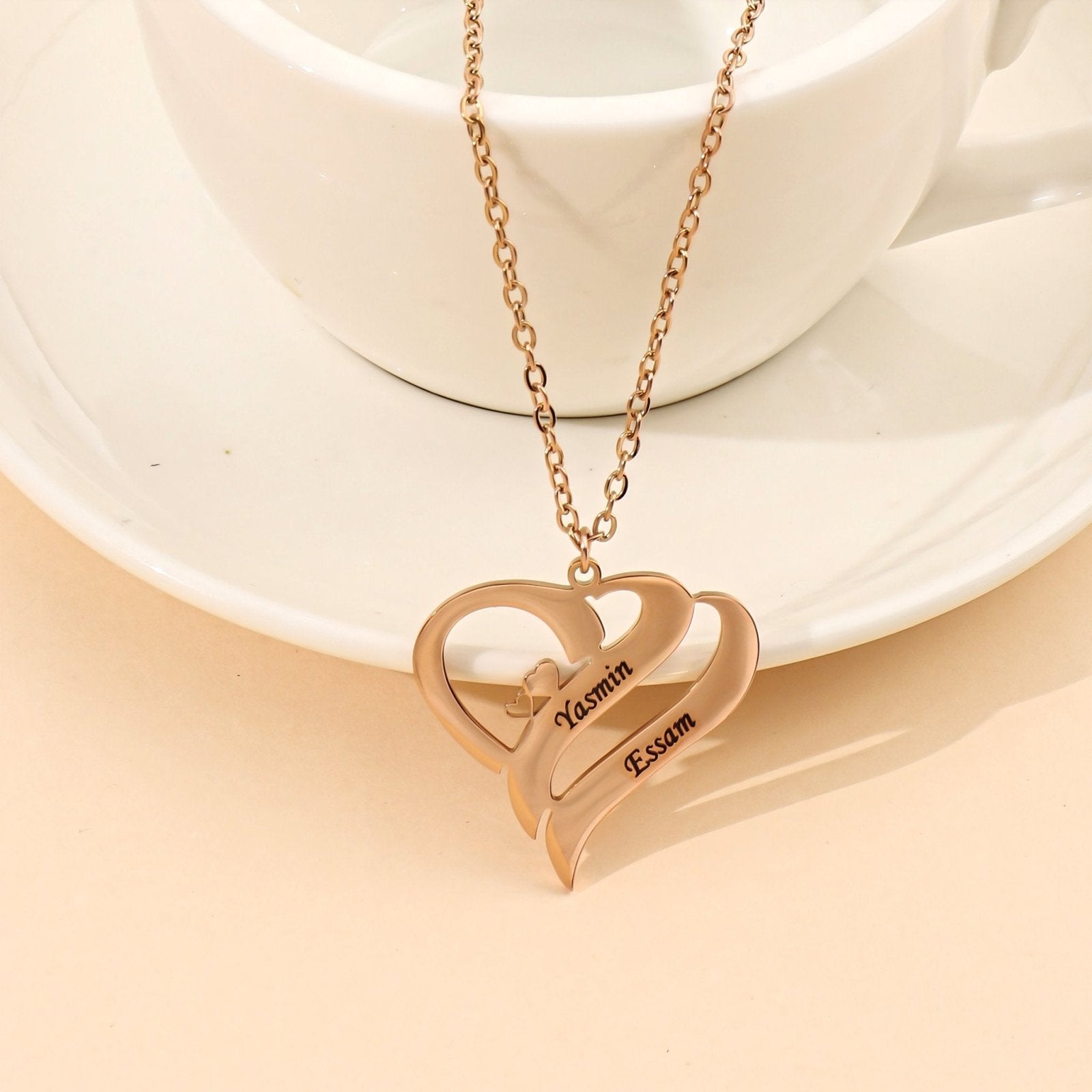 Collier personnalisé couple, pendentif double cœur, en acier inoxydable, modèle Love