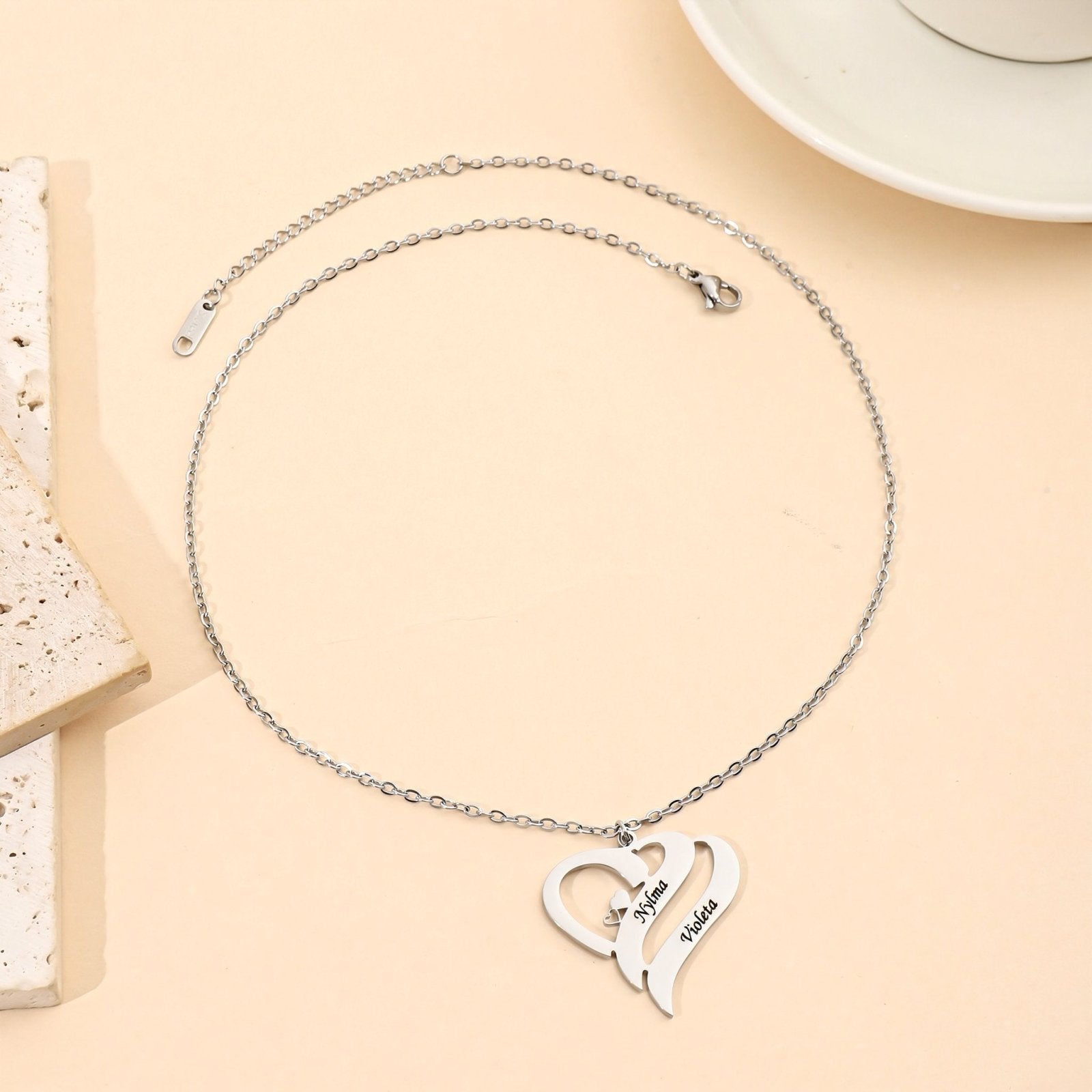 Collier personnalisé couple, pendentif double cœur, en acier inoxydable, modèle Love