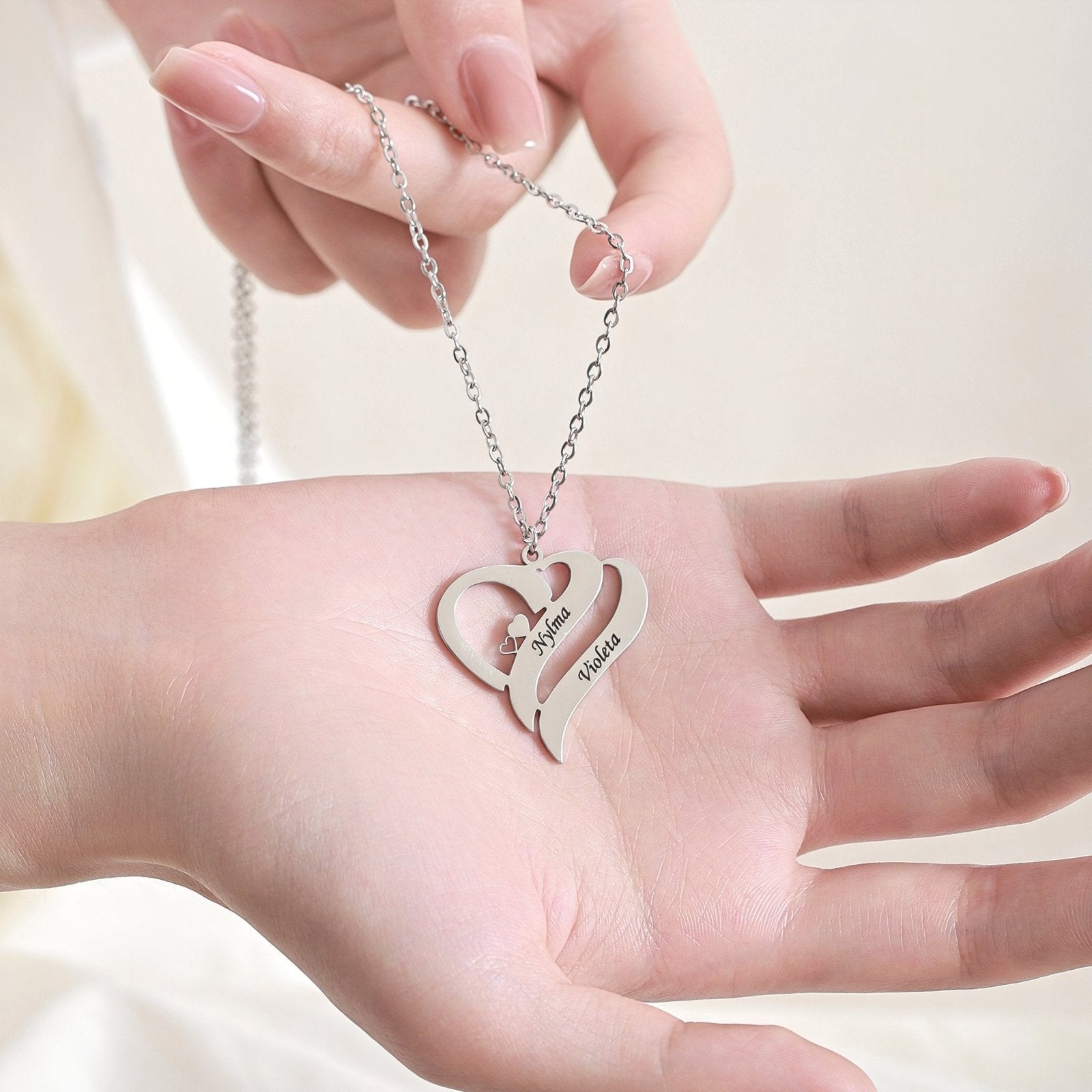 Collier personnalisé couple, pendentif double cœur, en acier inoxydable, modèle Love