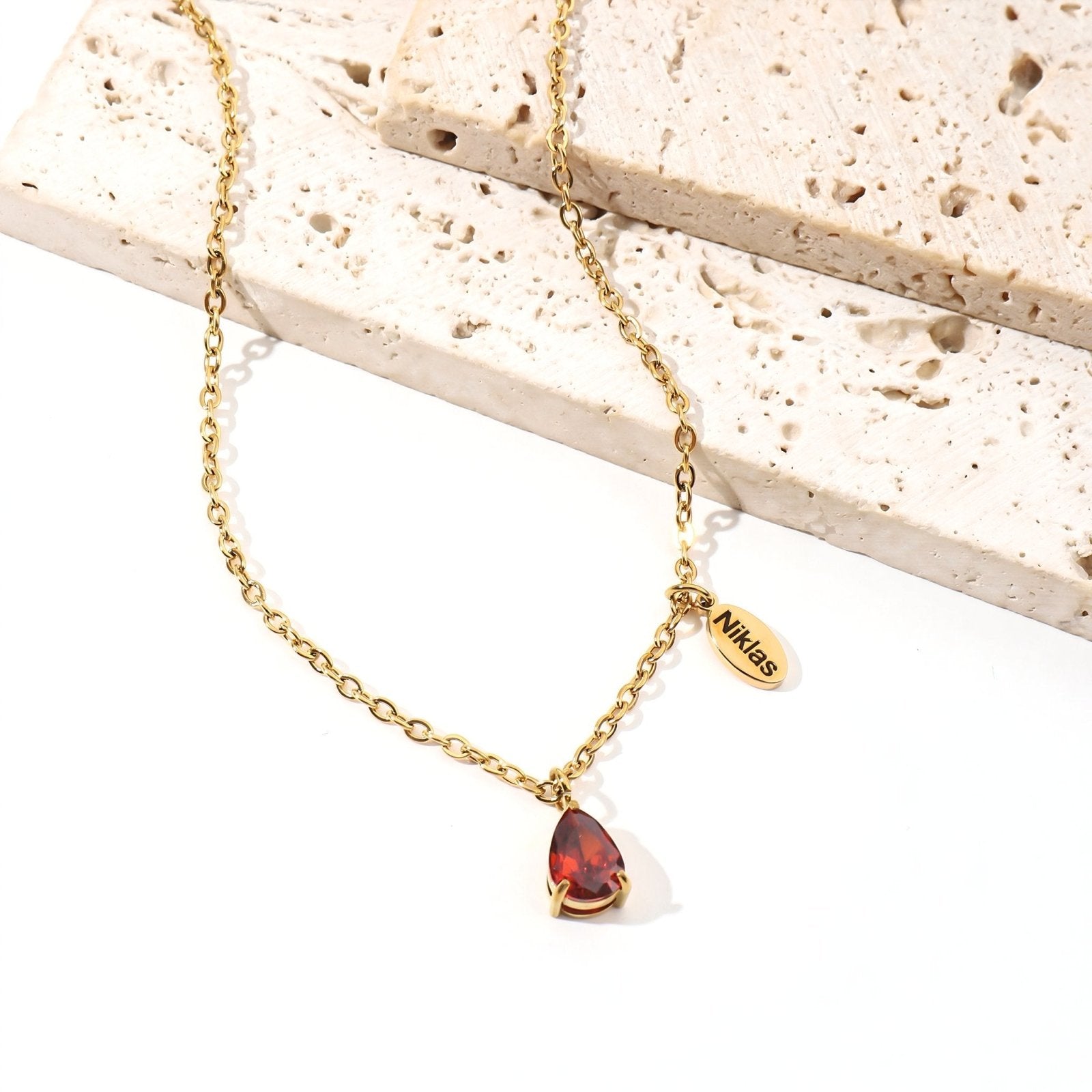 Collier pierre de naissance personnalisé, goutte zircon et prénom, en inox, modèle Pearl