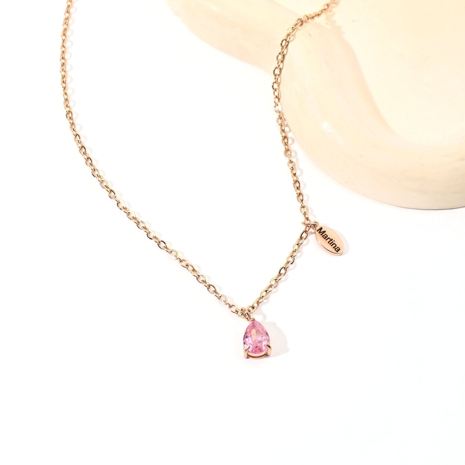 Collier pierre de naissance personnalisé, goutte zircon et prénom, en inox, modèle Pearl