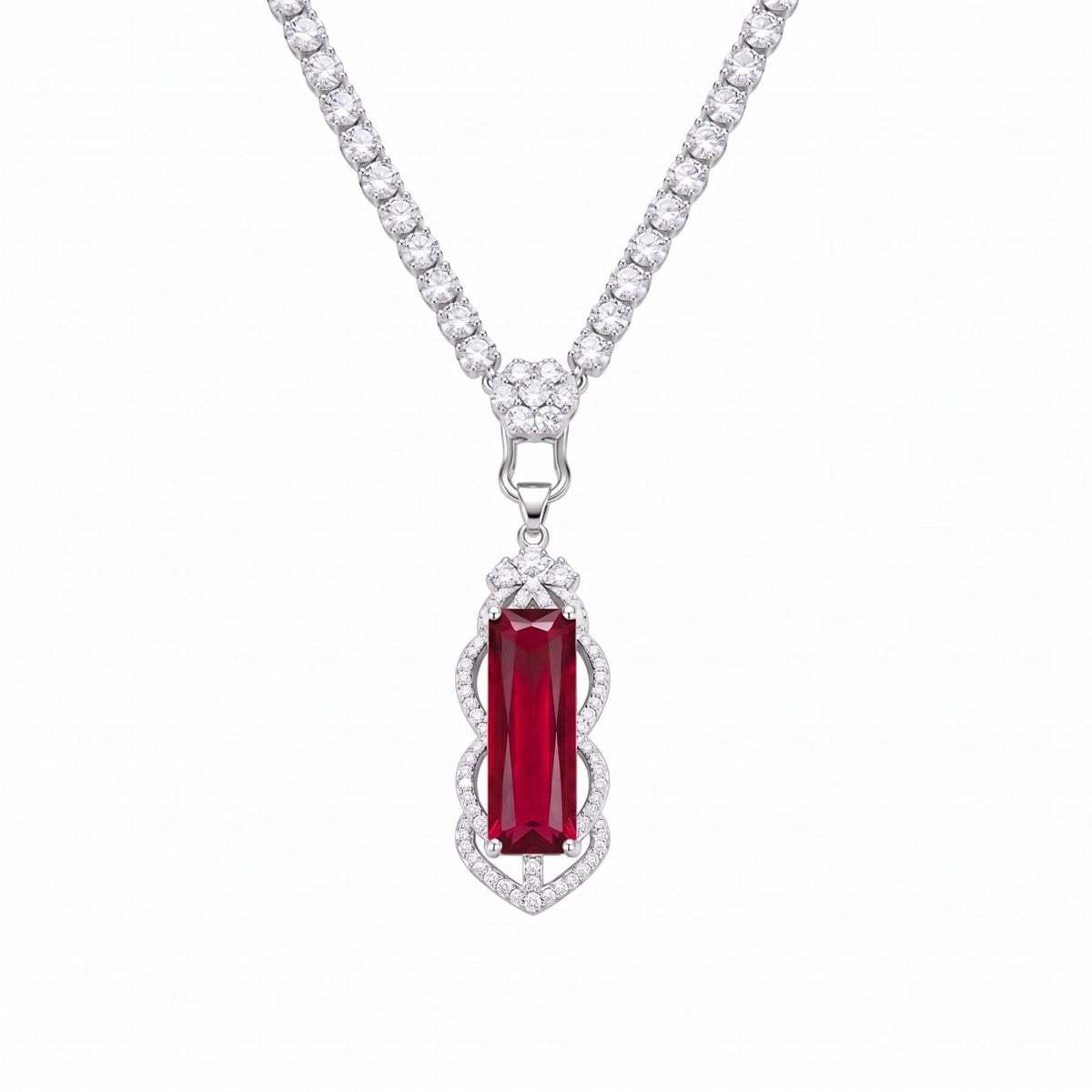 Collier pierre précieuse baguette pour femme en métal argenté, pendentif serti de pierres blanches