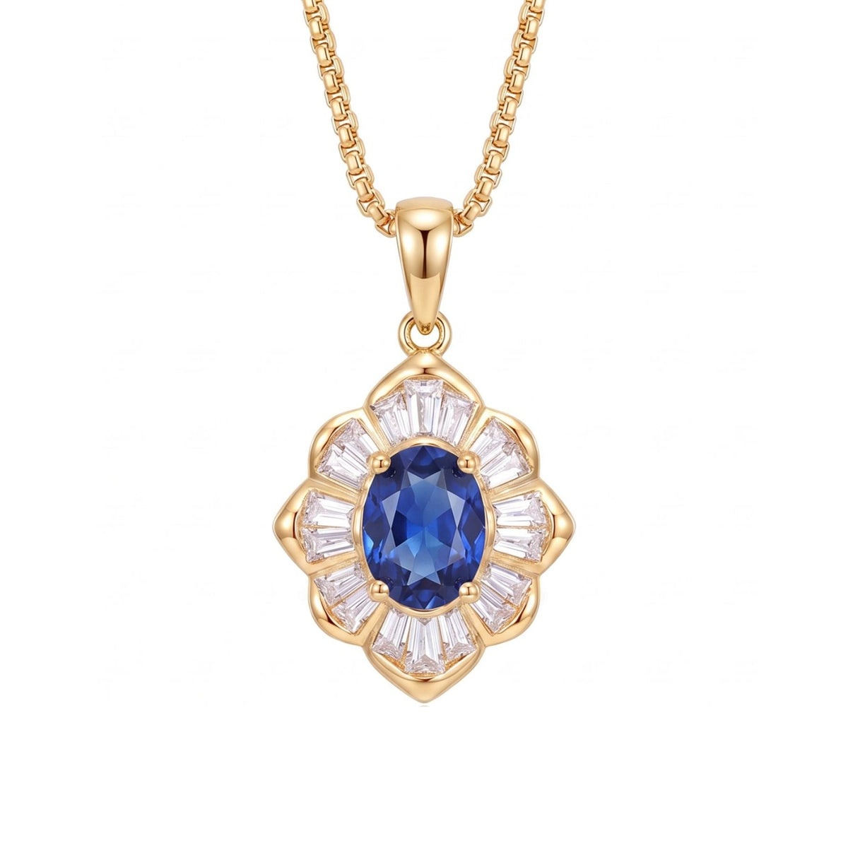 Collier pierre précieuse pour femme, en cuivre doré, pendentif floral entouré de pétales scintillants.