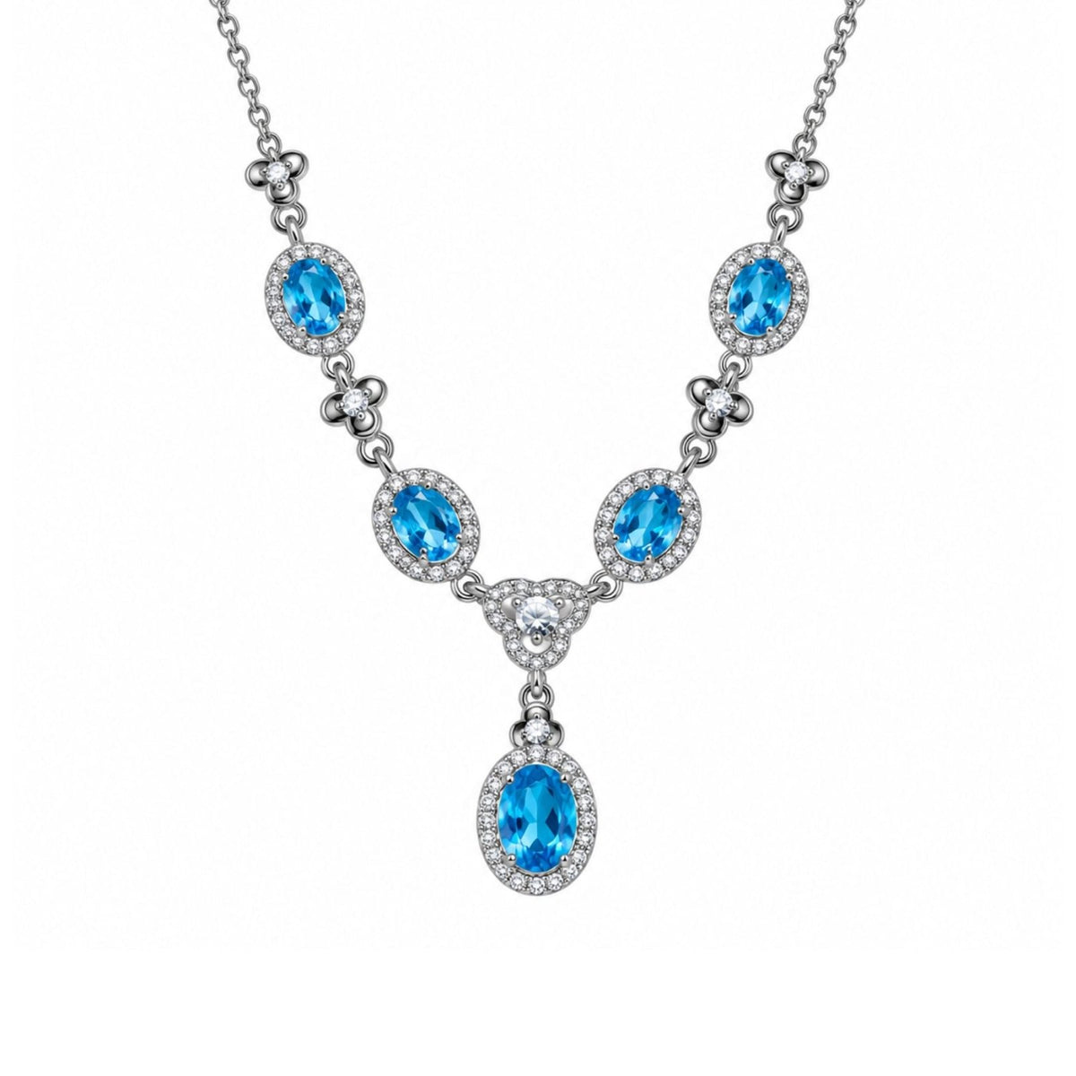 Collier pierres ovales pour femme en métal argenté, pendentif central avec pierres effet topaze bleue, rubis ou émeraude entourées de pierres blanches