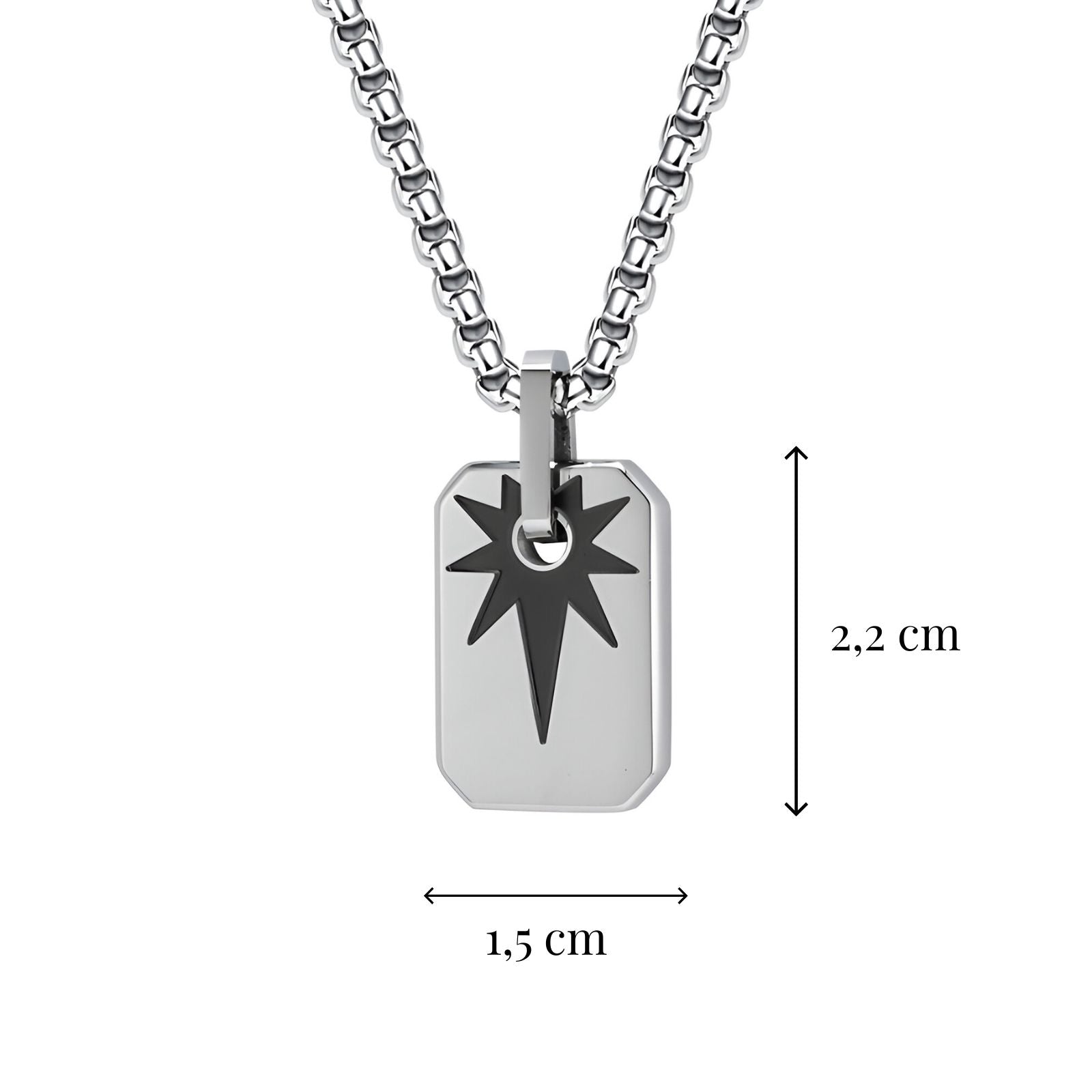Collier plaque homme, pendentif gravé étoile rayonnante, look contemporain, modèle Léon