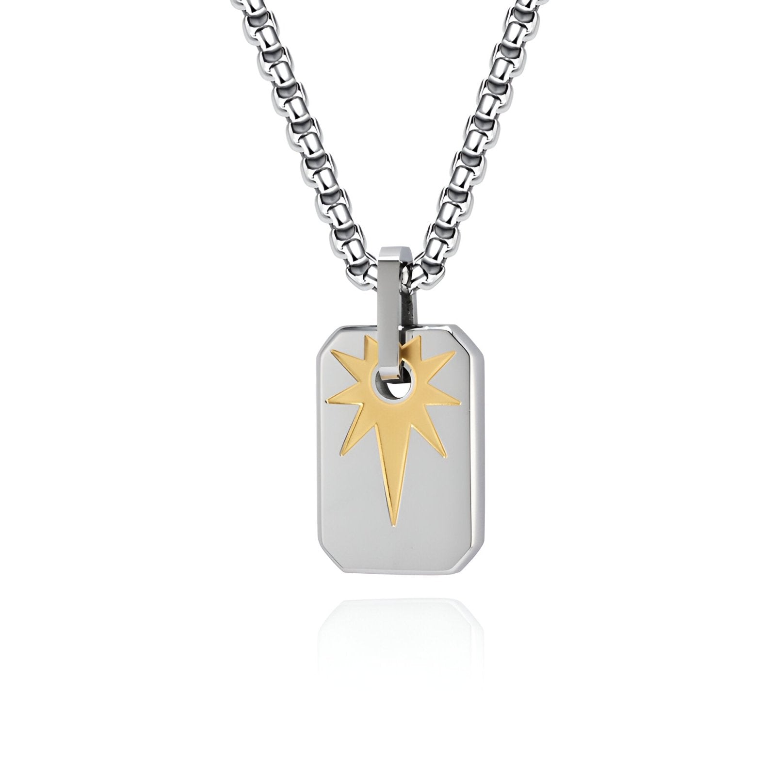 Collier plaque homme, pendentif gravé étoile rayonnante, look contemporain, modèle Léon