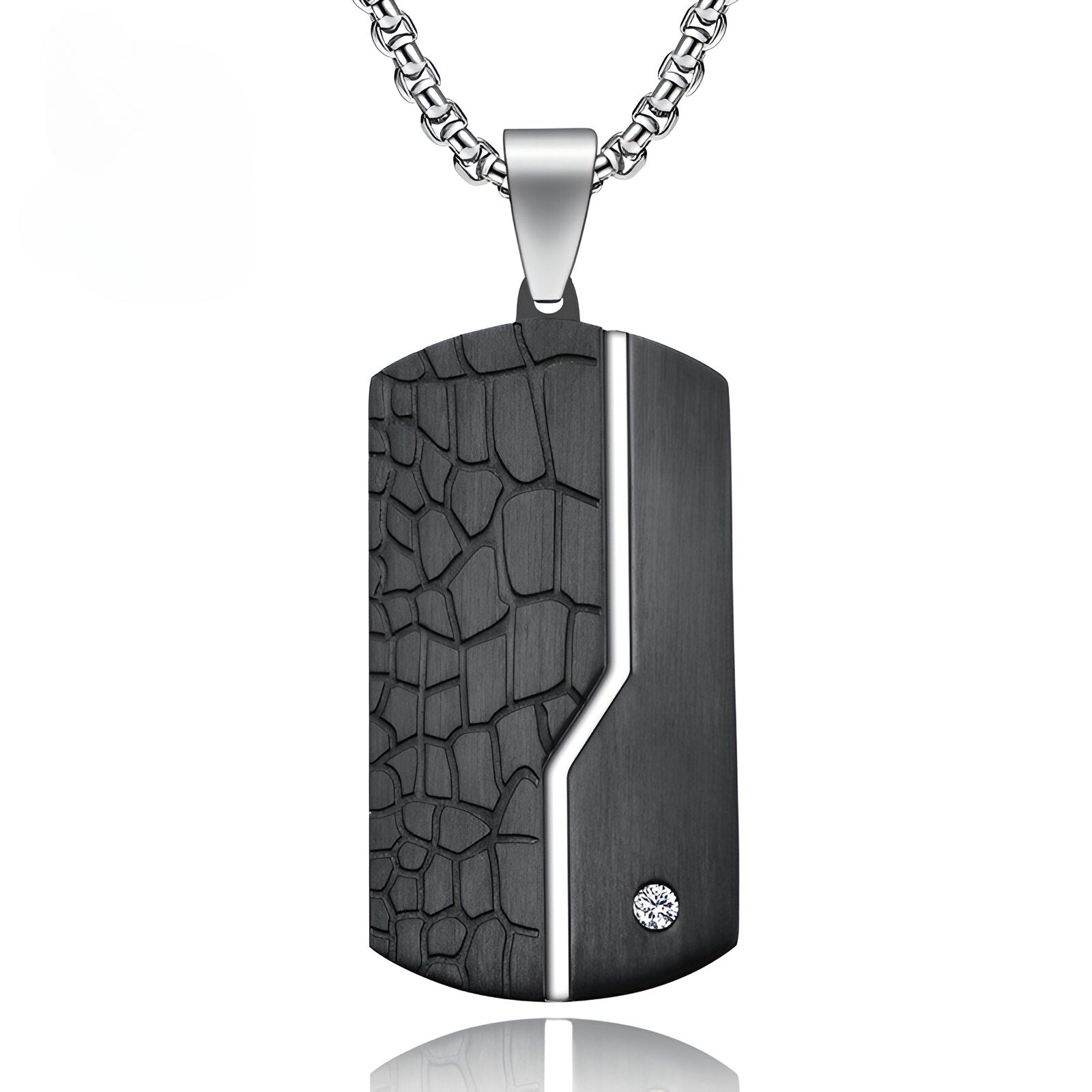 Collier plaque militaire moderne en acier noir brossé et strass, modèle Cooper