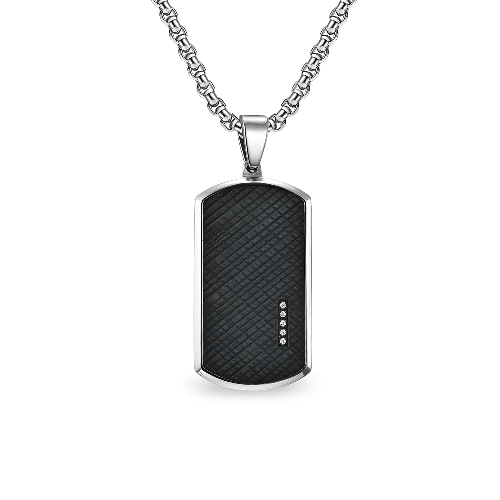 Collier plaque militaire revisitée, acier 316L et insert noir avec pierres scintillantes, modèle Blake