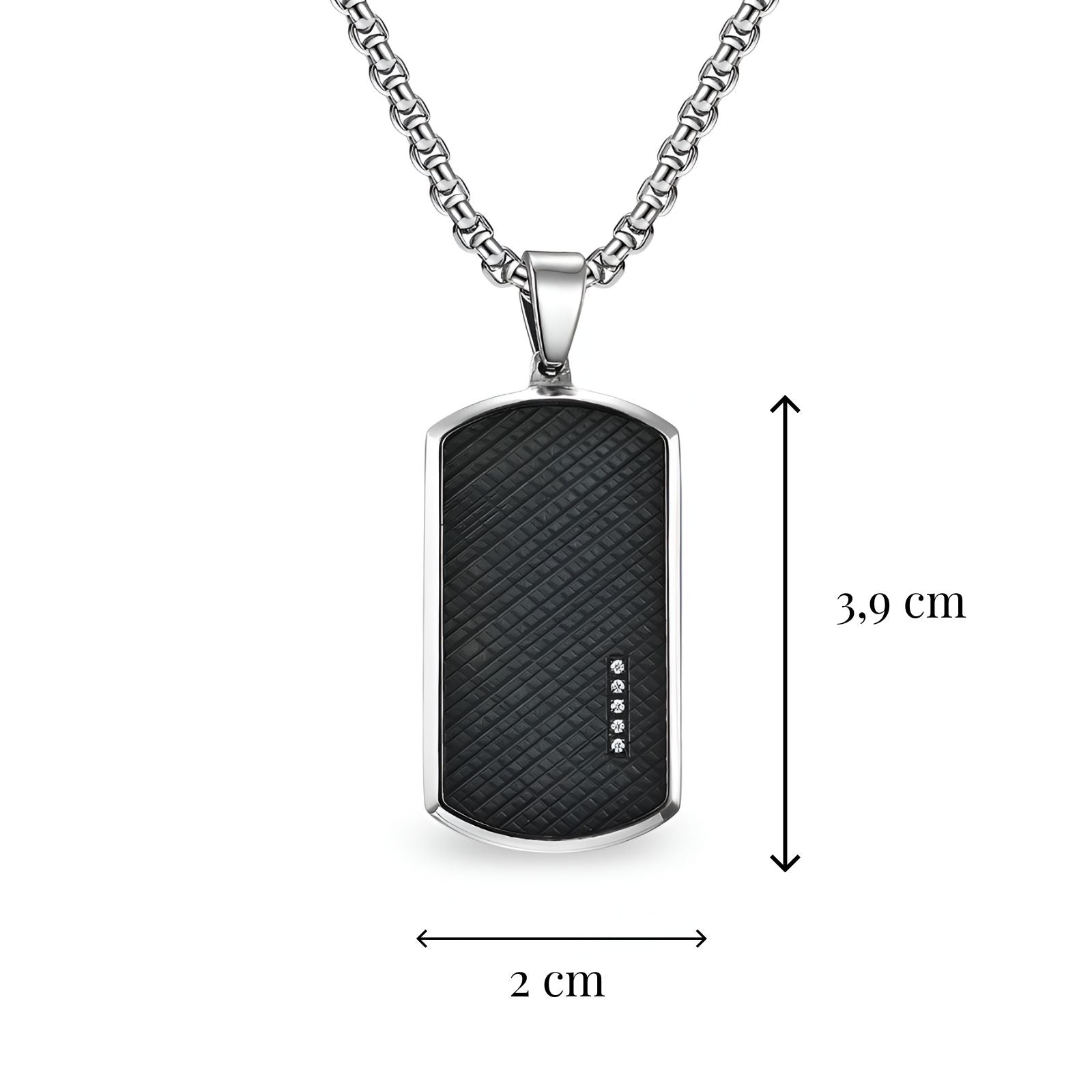 Collier plaque militaire revisitée, acier 316L et insert noir avec pierres scintillantes, modèle Blake