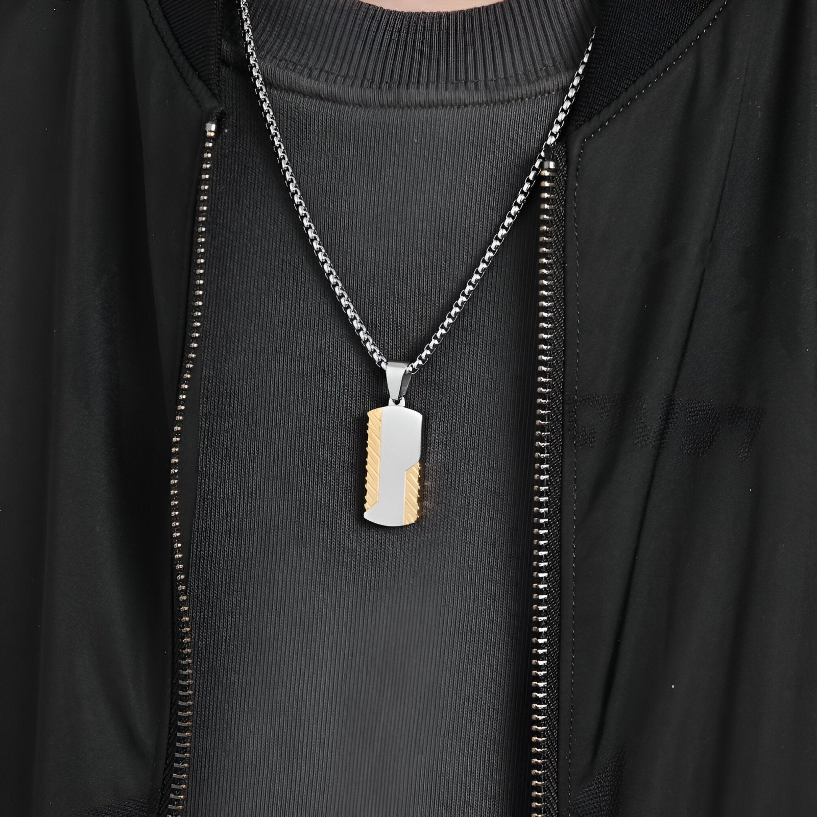 Collier plaque militaire style urbain, pendentif rectangle acier inoxydable, modèle Tucker