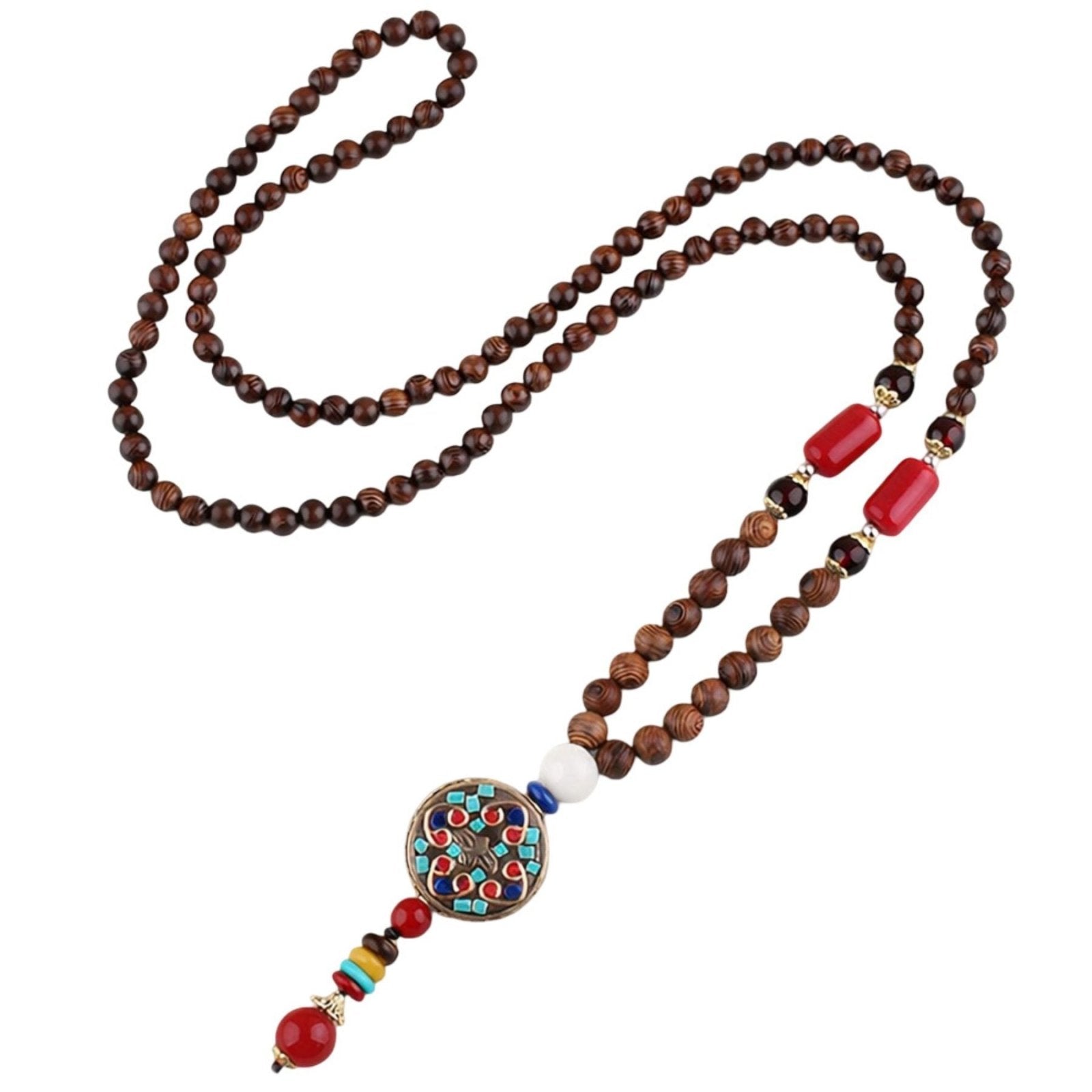 Collier pour femme en perles de bois, avec pendentif amulette de paix orné d'alliage métallique, style bohème