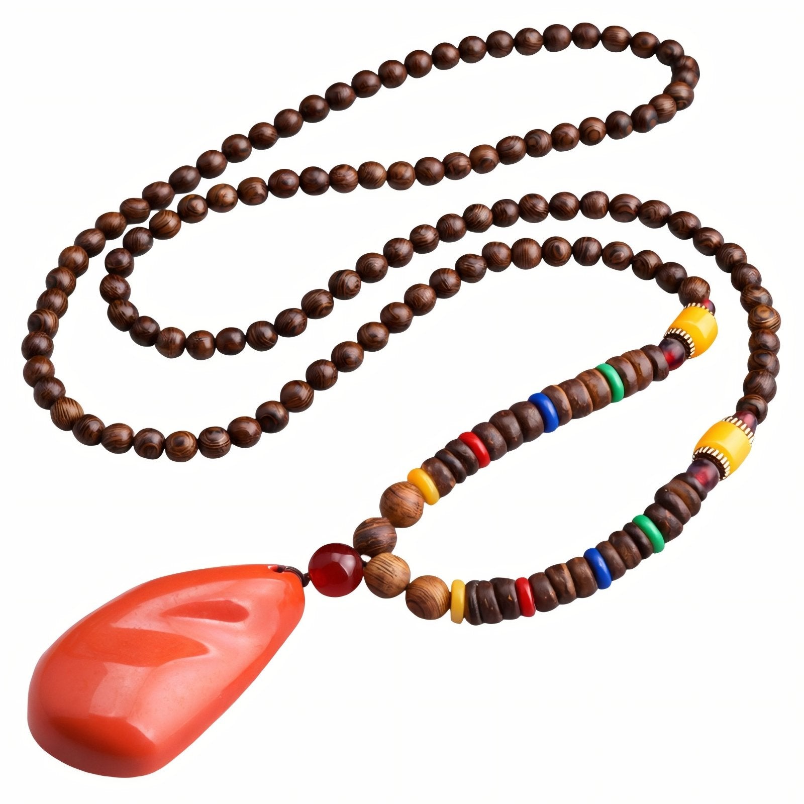 Collier pour femme en perles de bois, avec pendentif goutte rouge et résine, style artisanale