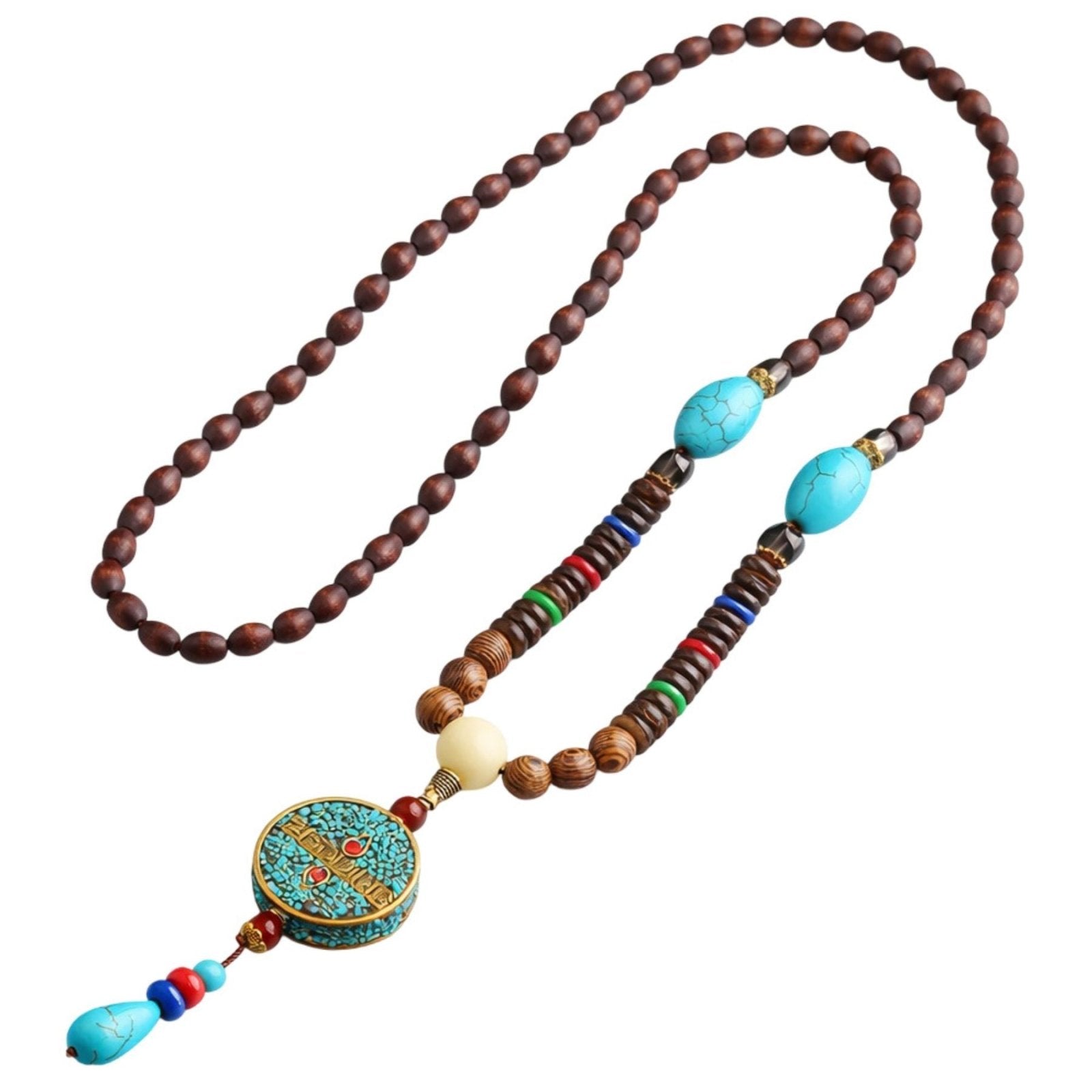 Collier pour femme en perles de bois, avec pendentif mantra bleu, pierre naturelle et alliage métallique, style bohème