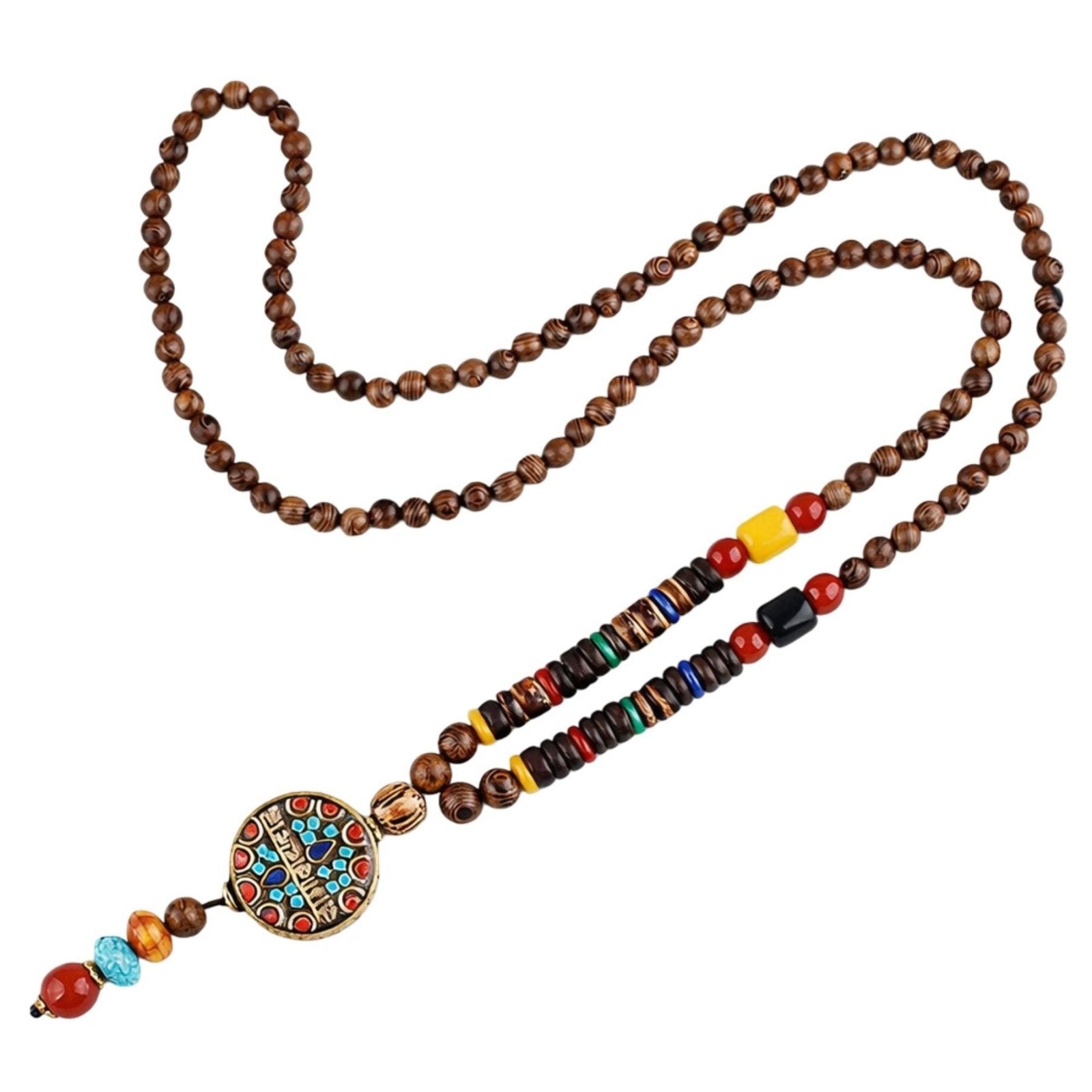 Collier pour femme en perles de bois, avec pendentif mantra, résine colorée, pierre naturelle et alliage métallique