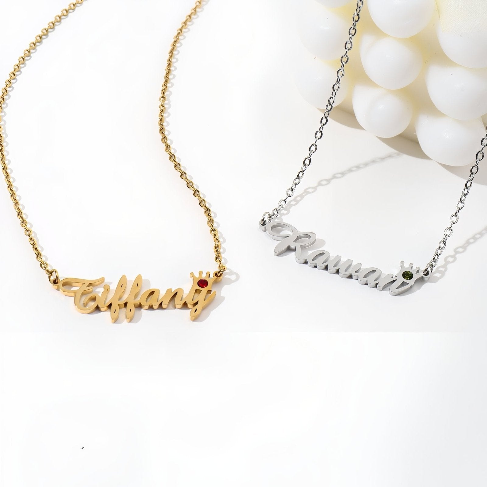 Collier prénom personnalisé avec couronne et pierre de naissance, acier inoxydable, modèle Tiffany