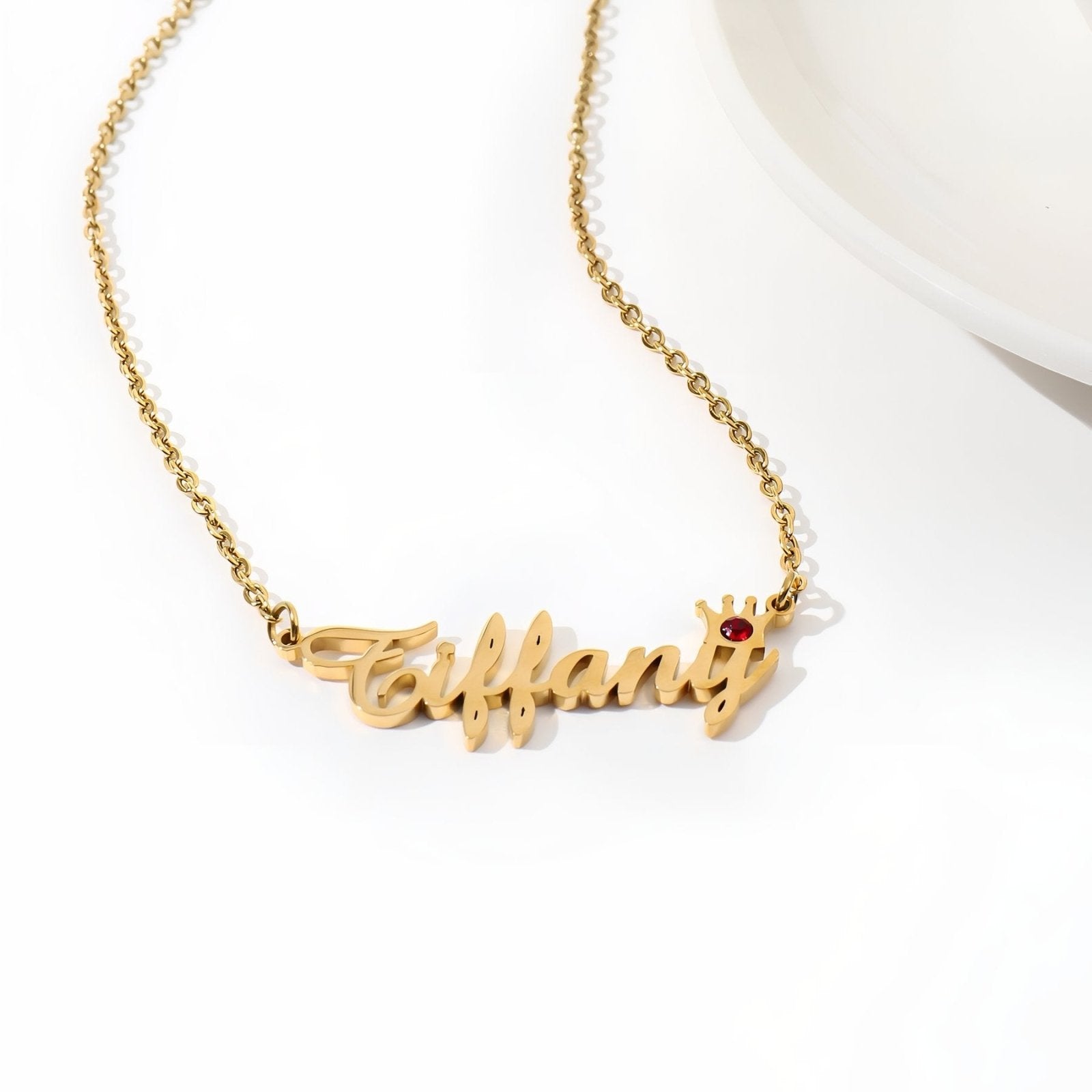 Collier prénom personnalisé avec couronne et pierre de naissance, acier inoxydable, modèle Tiffany