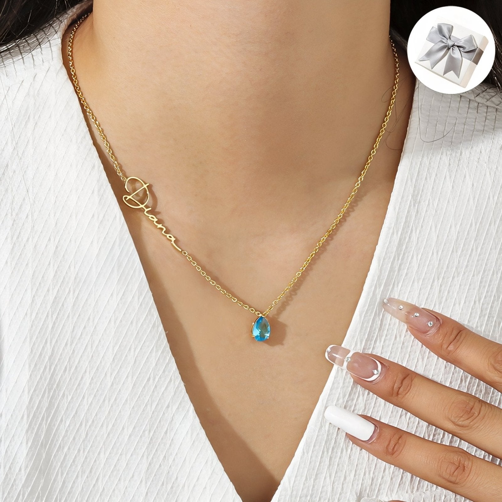 Collier prénom personnalisé avec pierre de naissance, modèle Marquise