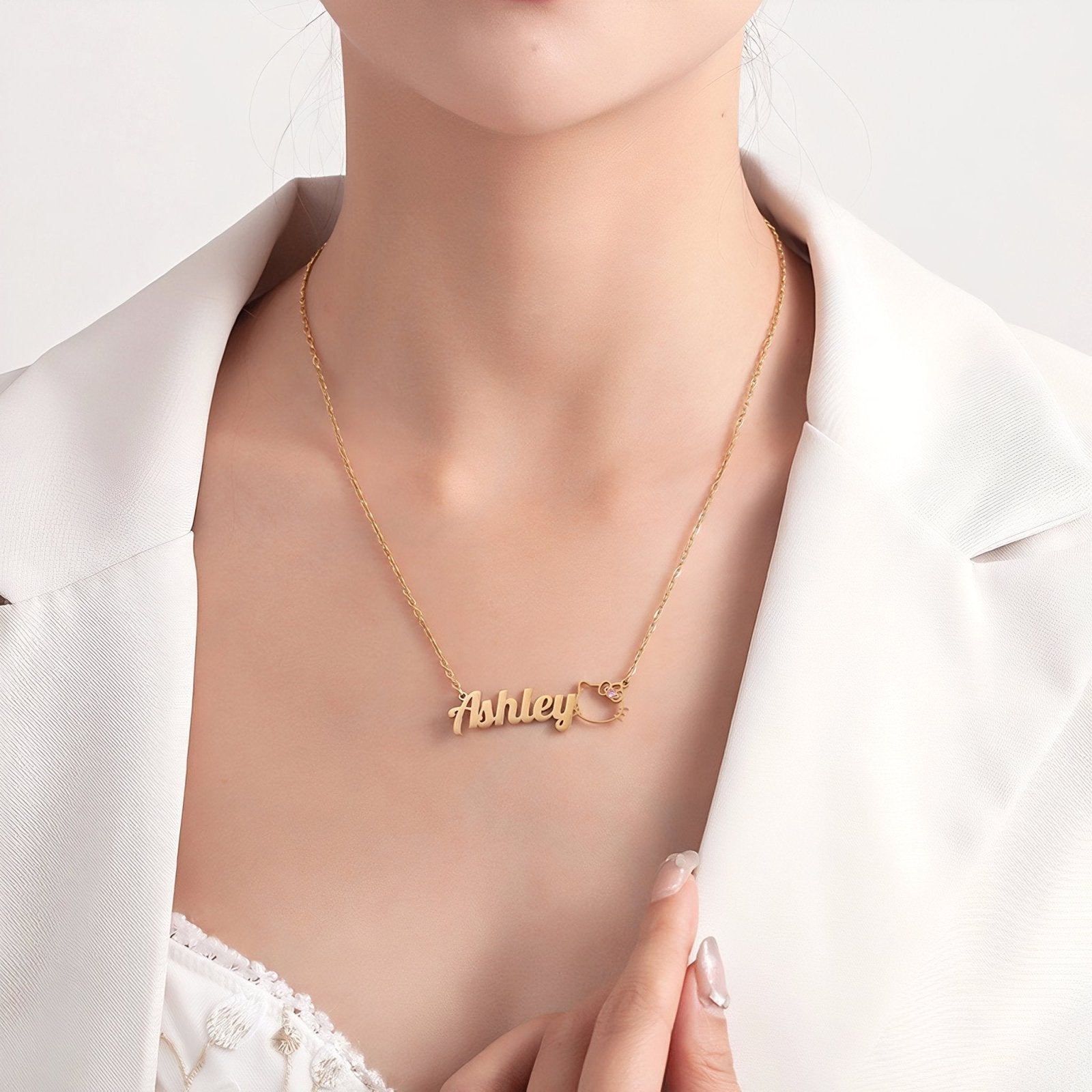 Collier prénom personnalisé, motif chat kawaii, en acier inoxydable, modèle Kitty